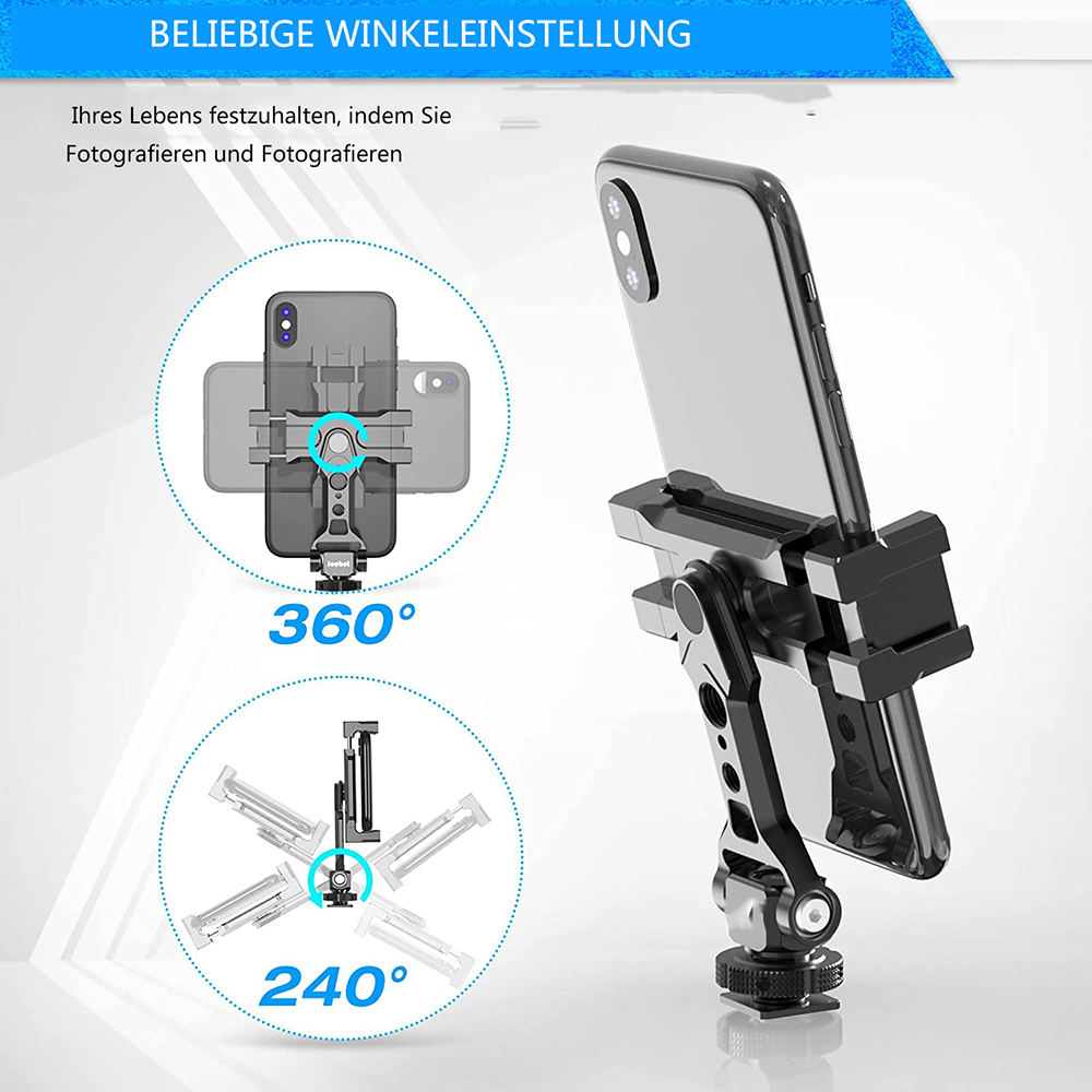 Ein Telefon in einer Halterung, die 360- und 240-Grad-Drehfunktionen zeigt. Die Halterung ist schwarz und silber, das Telefon grau.