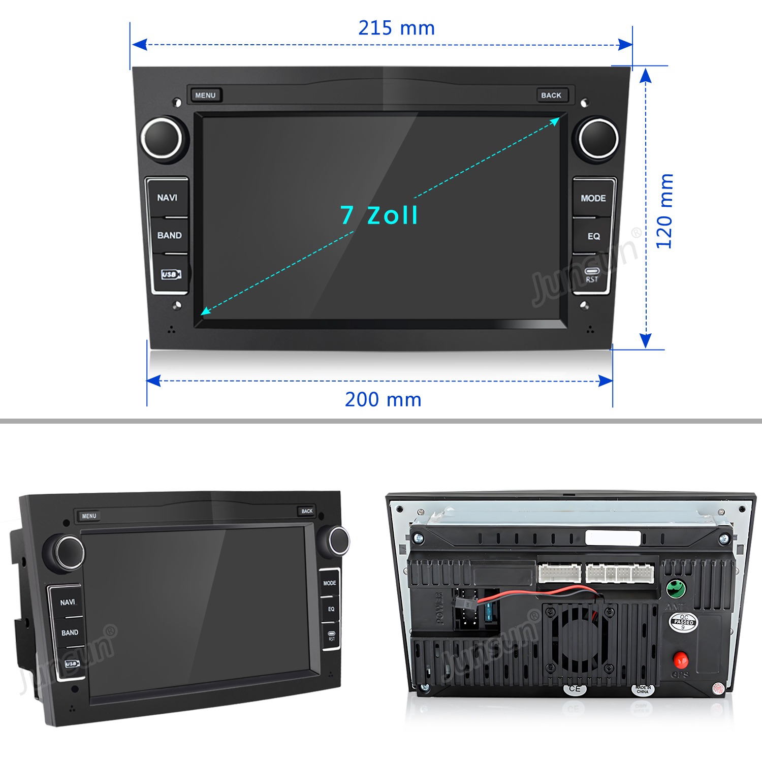 Ein Autoradio mit Touchscreen, Tasten für Navigation, Band, USB, Menü, Modus, EQ und Zurück. Abmessungen sind beschriftet.