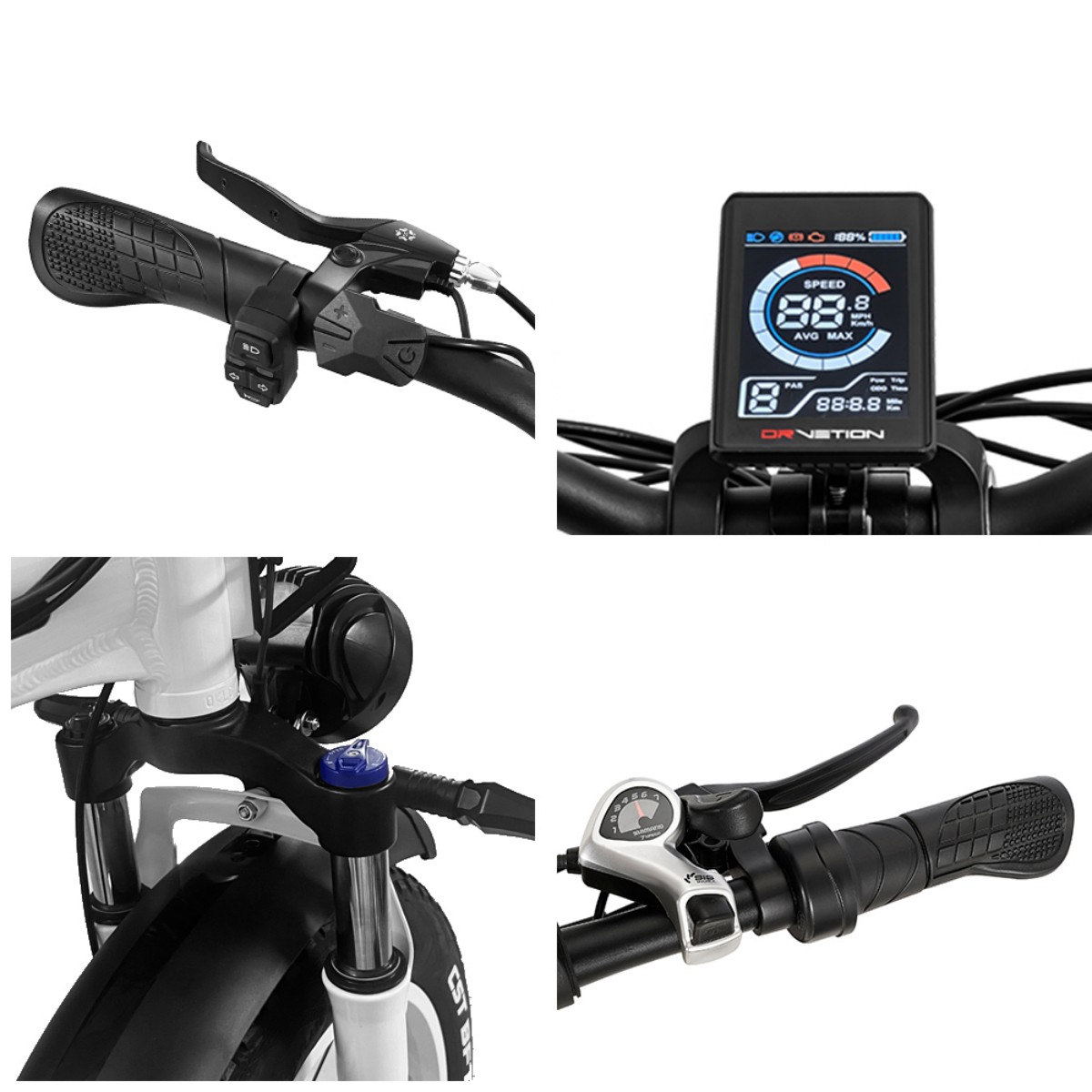 Zbliżenie kierownicy, wyświetlacza i elementów e-roweru. Zawiera wyświetlacz, dźwignie i uchwyty.