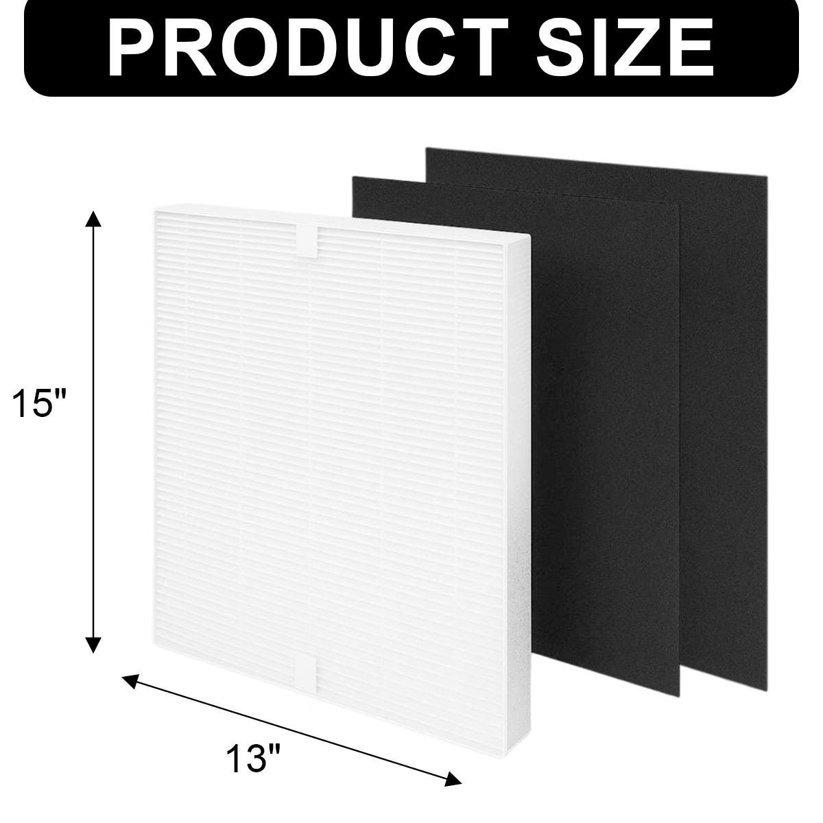 Das Bild zeigt Luftfilterkomponenten. Der weiße Filter ist 15"x13". Zwei schwarze Filter befinden sich daneben. Text PRODUKTGRÖSSE oben.