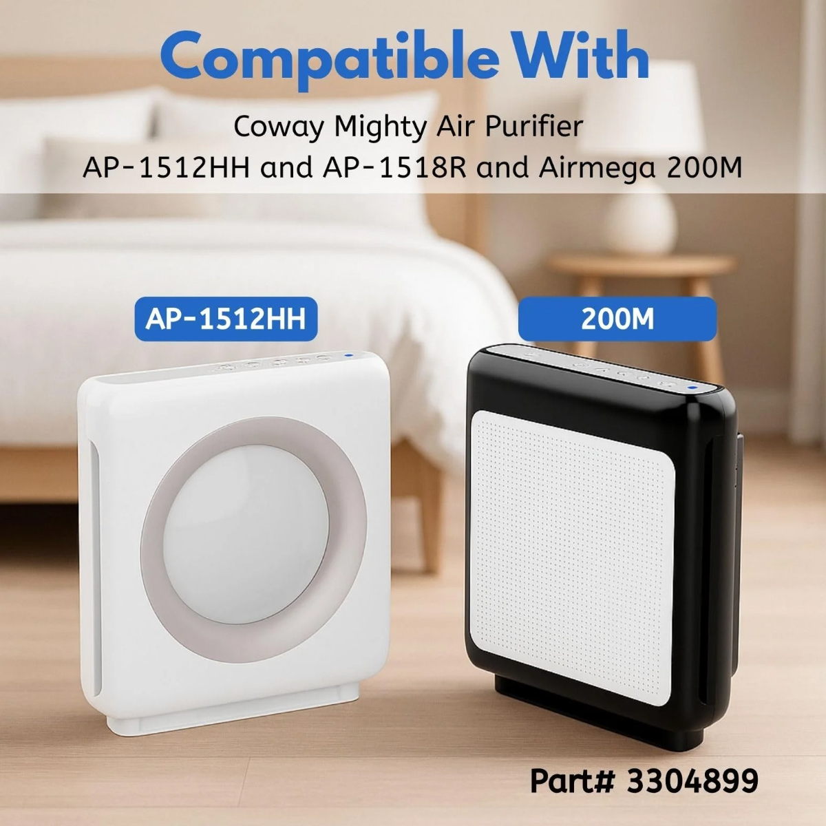 Zwei Luftreiniger, einer weiß, einer schwarz, mit Text: Kompatibel mit Coway Mighty Air Purifier und Modellnummern.