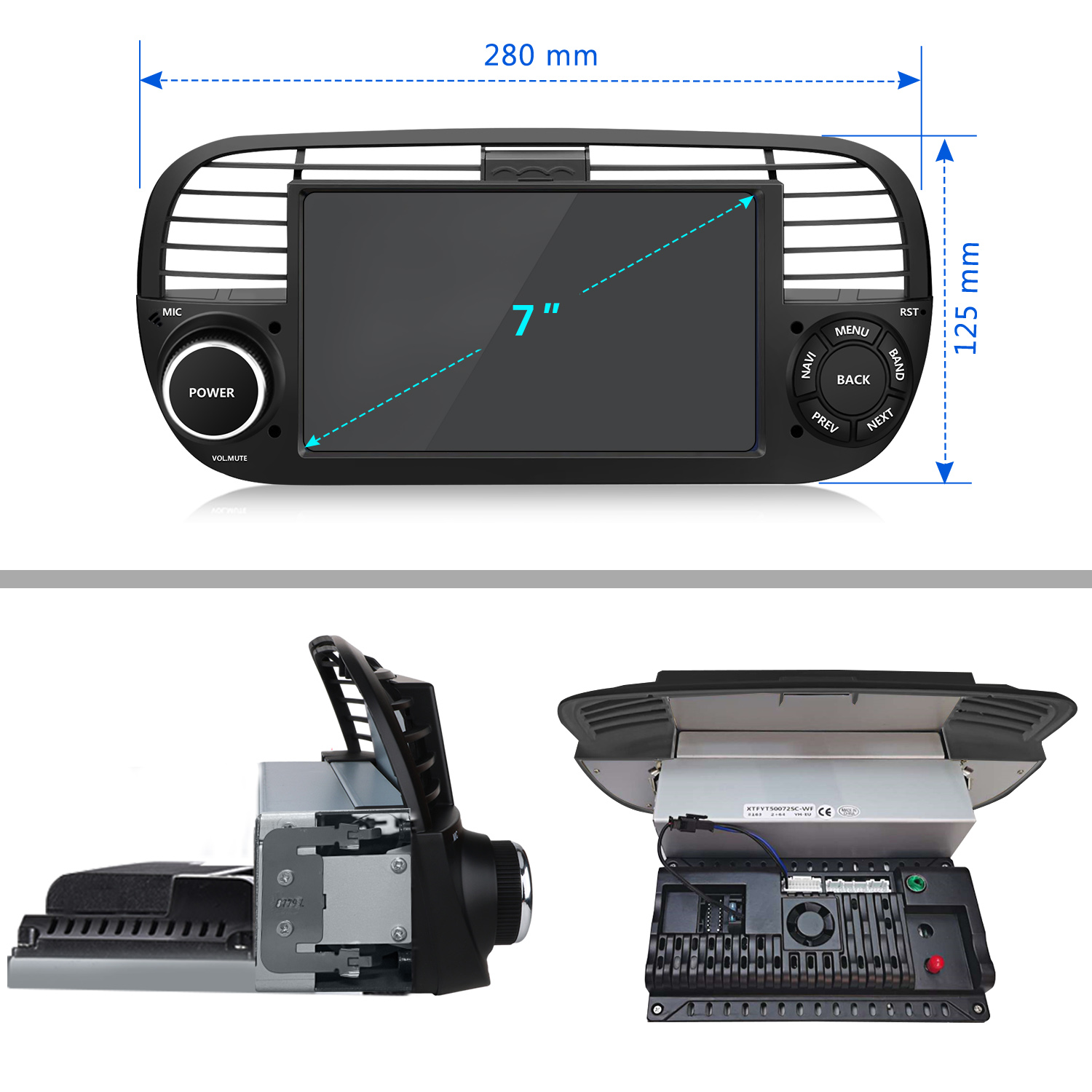Autoradio mit 7-Zoll-Bildschirm, Ein-/Aus-Taste und Navigationselementen. Abmessungen: 280 mm breit, 125 mm hoch.