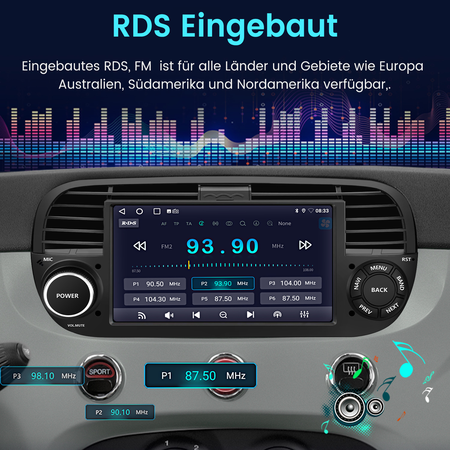 Autoradio mit RDS-Funktion. Zeigt die Radiofrequenz 93,90 MHz an. Tasten für Ein/Aus, Menü und Navigation sind sichtbar.