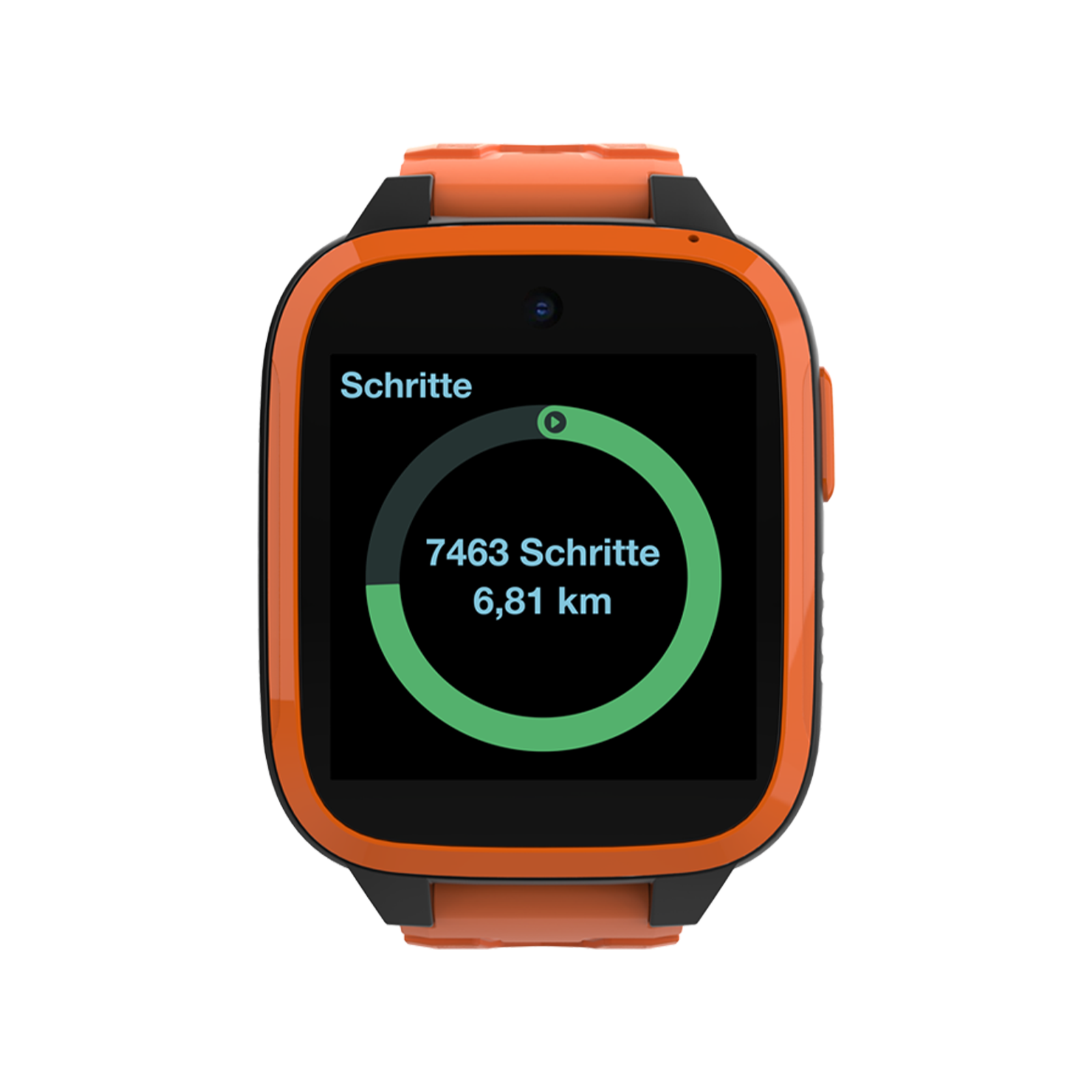 Eine orangefarbene Smartwatch zeigt Schritte an: 7463 Schritte, 6,81 km. Schwarzes Band und Lünette mit Kamera oben.