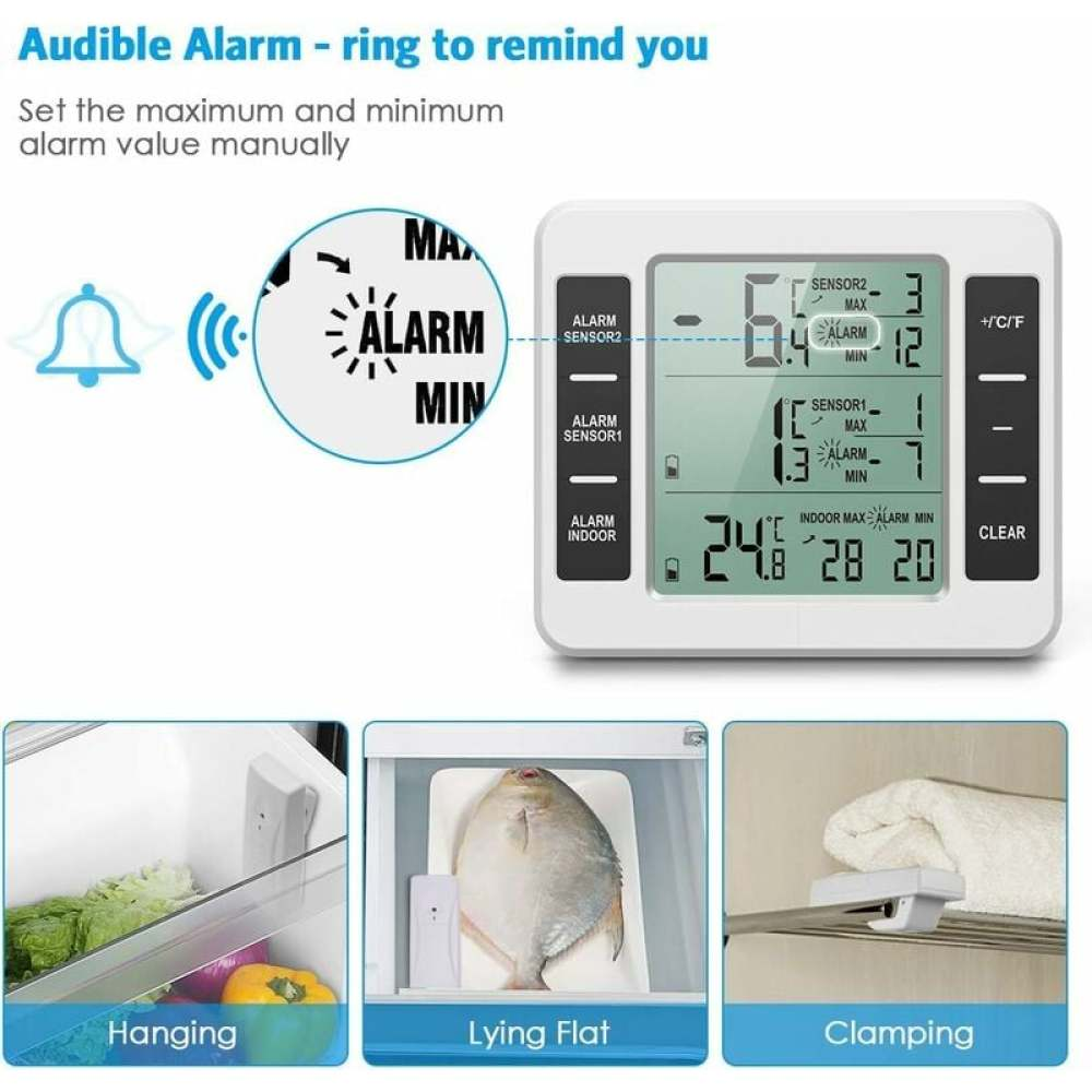 Digitales Thermometer mit Alarmfunktion, zeigt Temperaturmesswerte und Beispiele für die Anwendung in verschiedenen Szenarien.