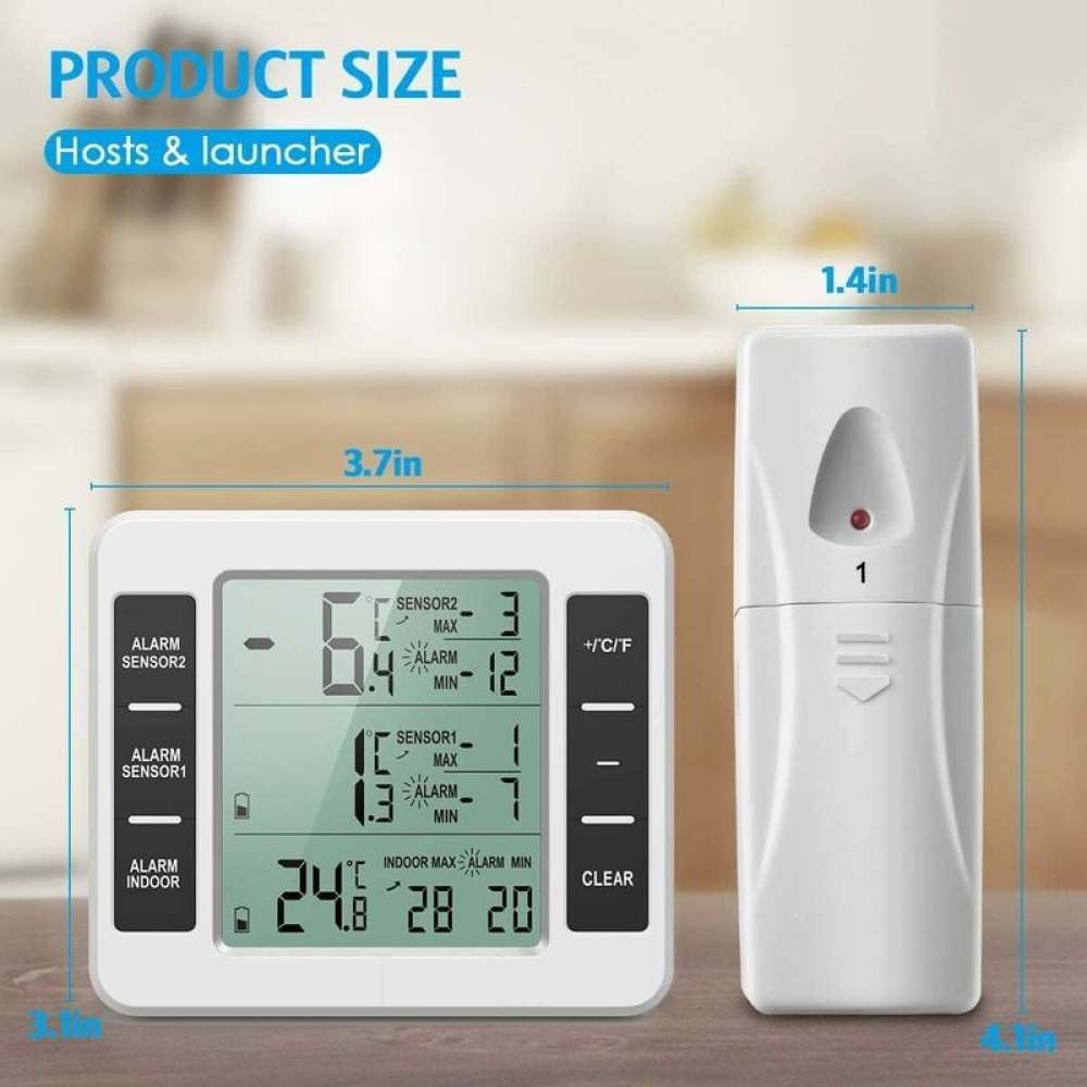Ein weißes digitales Thermometer zeigt Temperaturmesswerte an. Daneben ist ein weißes, fernbedienungsähnliches Gerät mit rotem Licht zu sehen.