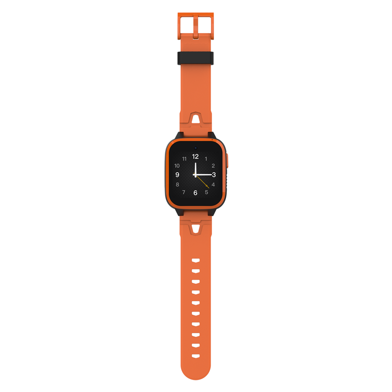 Eine orangefarbene Smartwatch mit schwarzem Bildschirm und passendem Armband. Die Uhr zeigt die Zeit an.