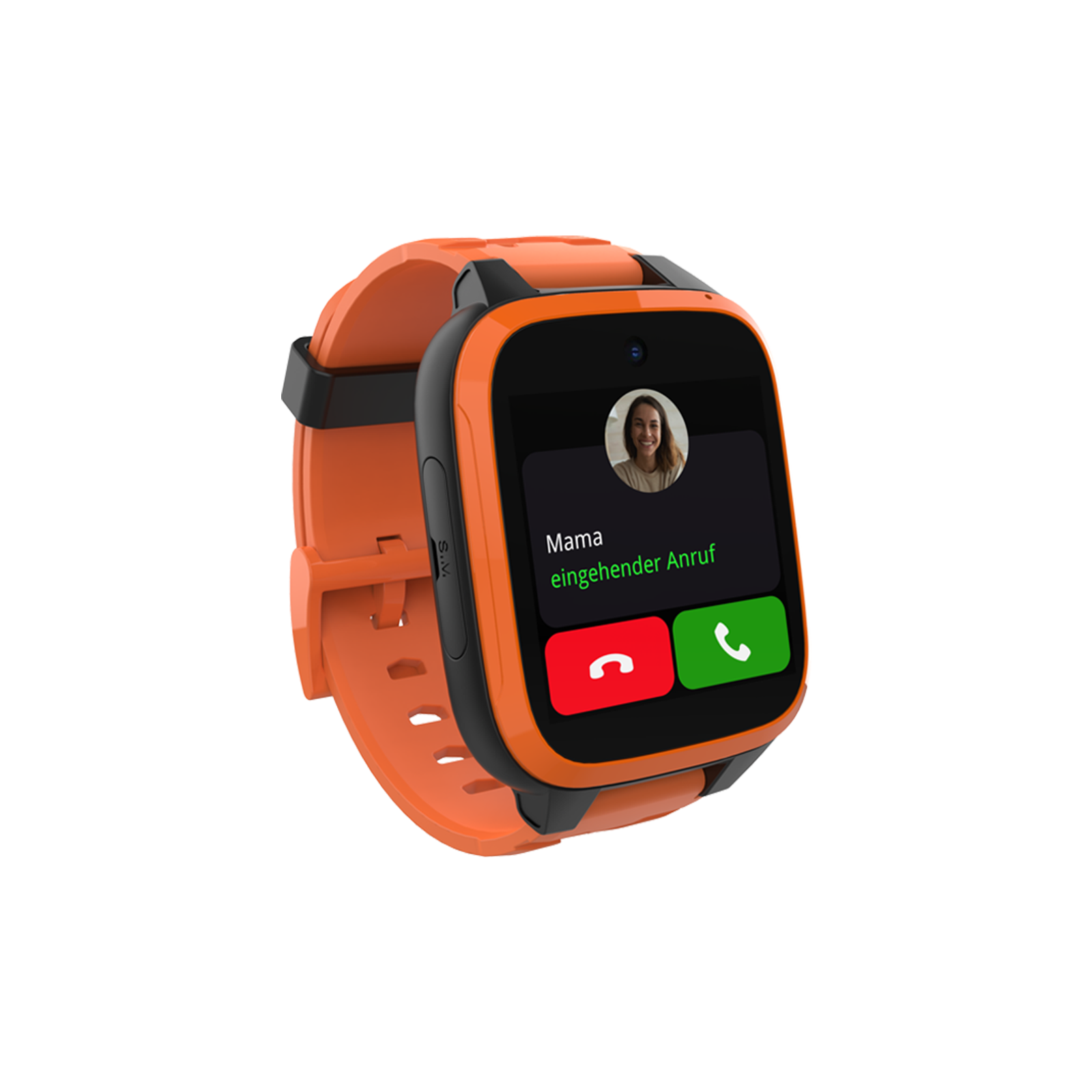 Eine orangefarbene Smartwatch, die einen eingehenden Anruf von 'Mama' zeigt. Sie hat einen schwarzen Bildschirm und ein Bild einer Frau.