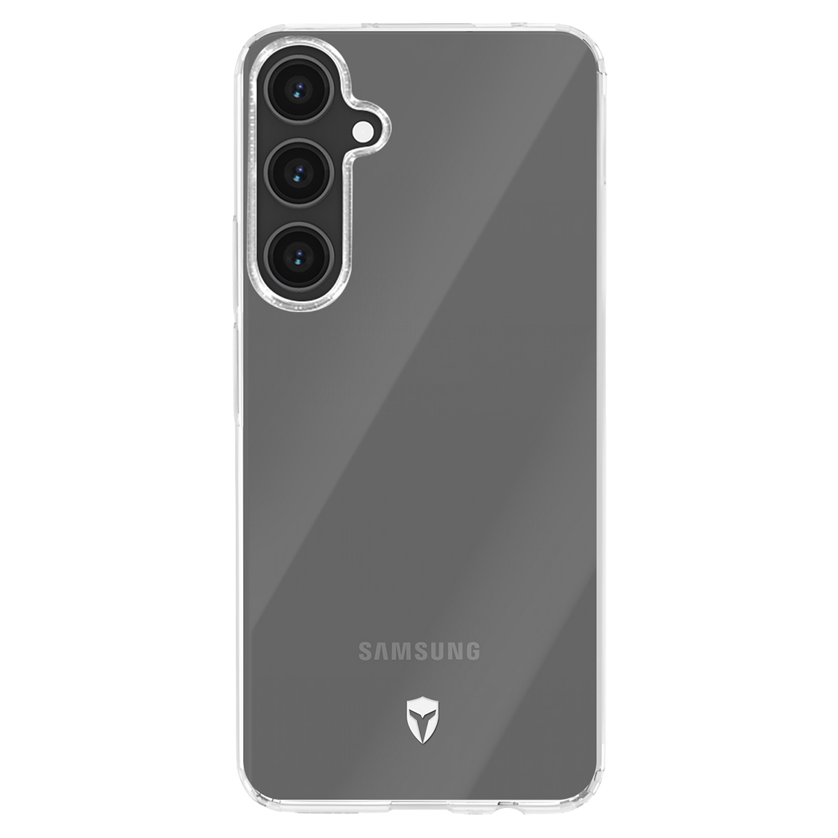 Custodia trasparente per telefono. Ha un modulo fotocamera con tre obiettivi. Il logo Samsung e uno scudo sono visibili sul retro.