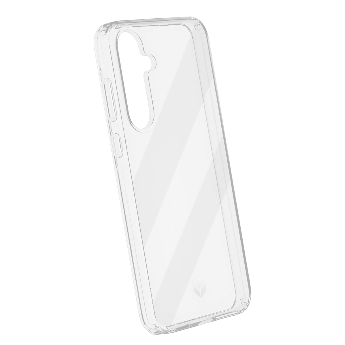 Una custodia trasparente per telefono. Ha aperture per la fotocamera e i pulsanti ed è angolata su sfondo bianco.
