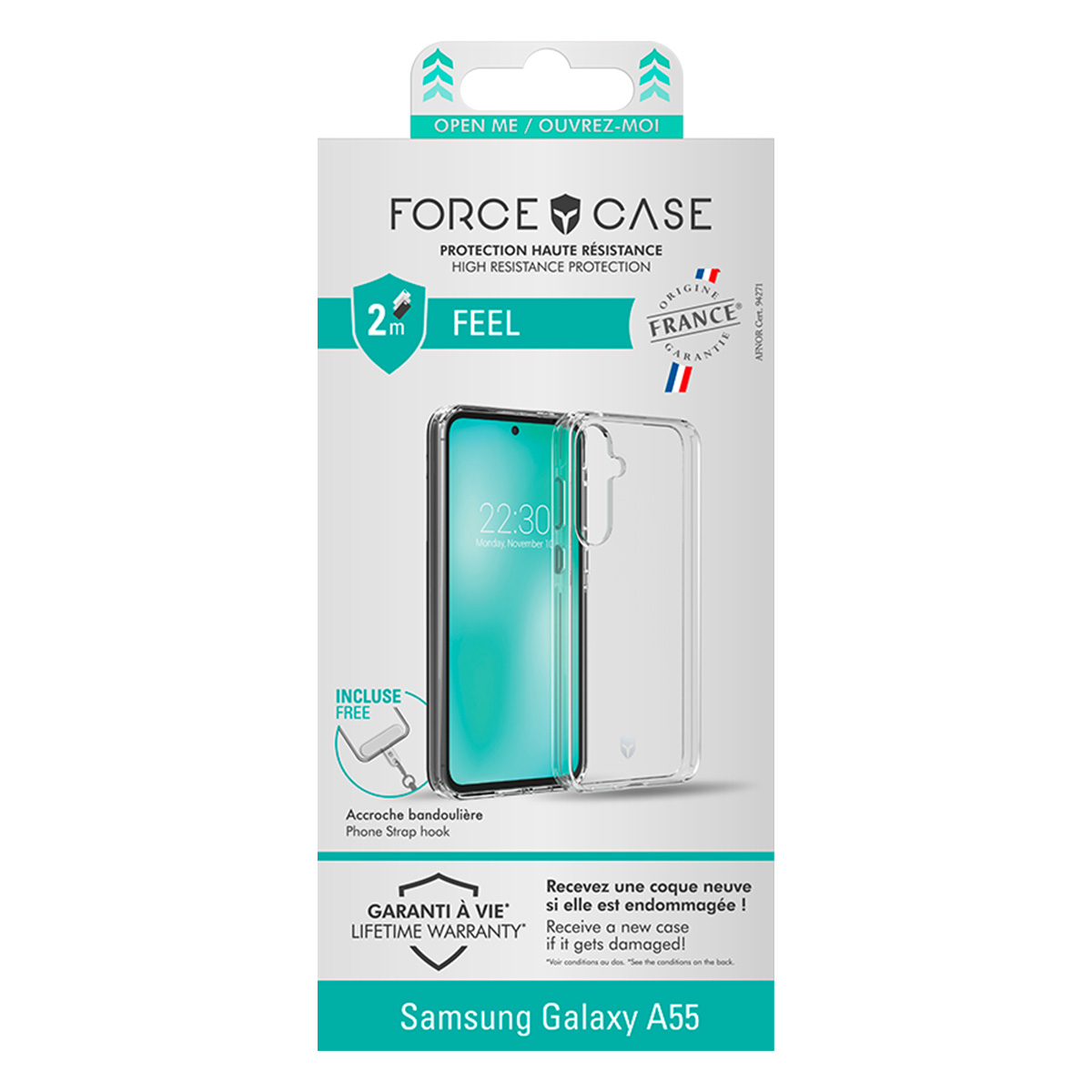 Una confezione di custodia per telefono con un telefono all'interno. Il testo include 'FORCE CASE', 'FEEL' e 'Samsung Galaxy A55'.