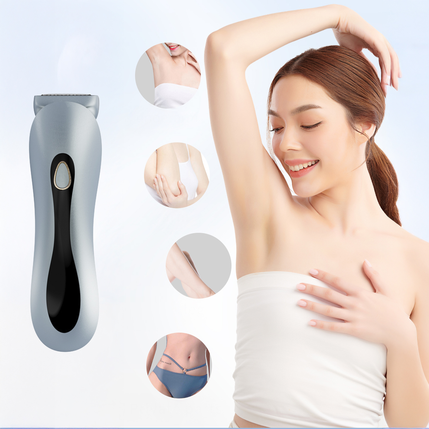 Una mujer sonríe con el brazo levantado. Una afeitadora eléctrica a la izquierda. Imágenes más pequeñas de partes del cuerpo arriba y abajo.