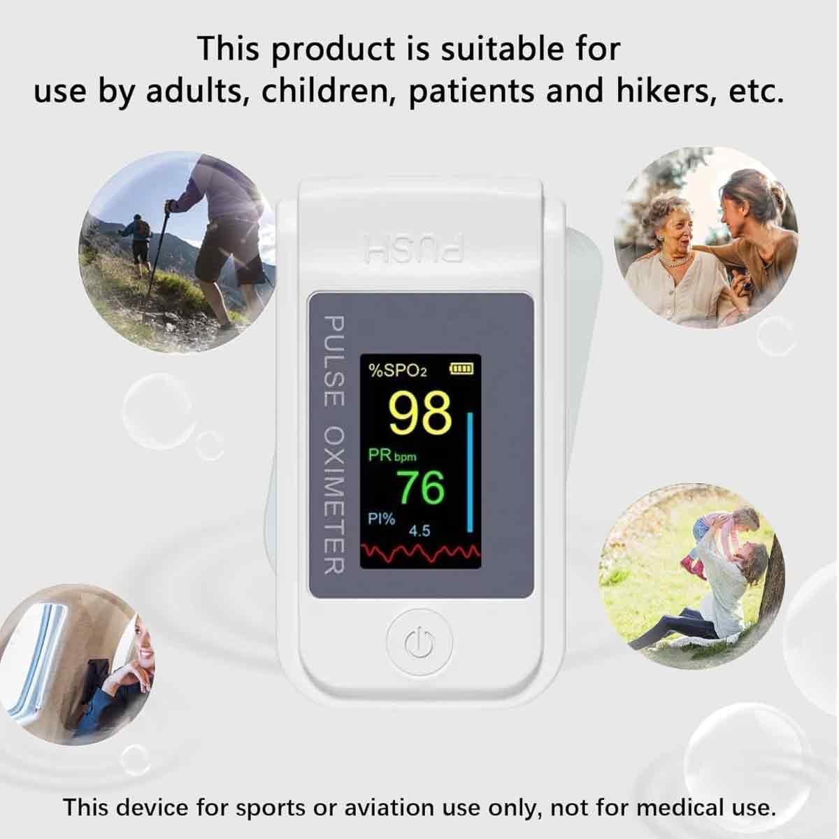 Pulsoximeter mit Messwerten und Vorschaubildern. Text: Geeignet für Erwachsene, Kinder, Patienten, Wanderer.