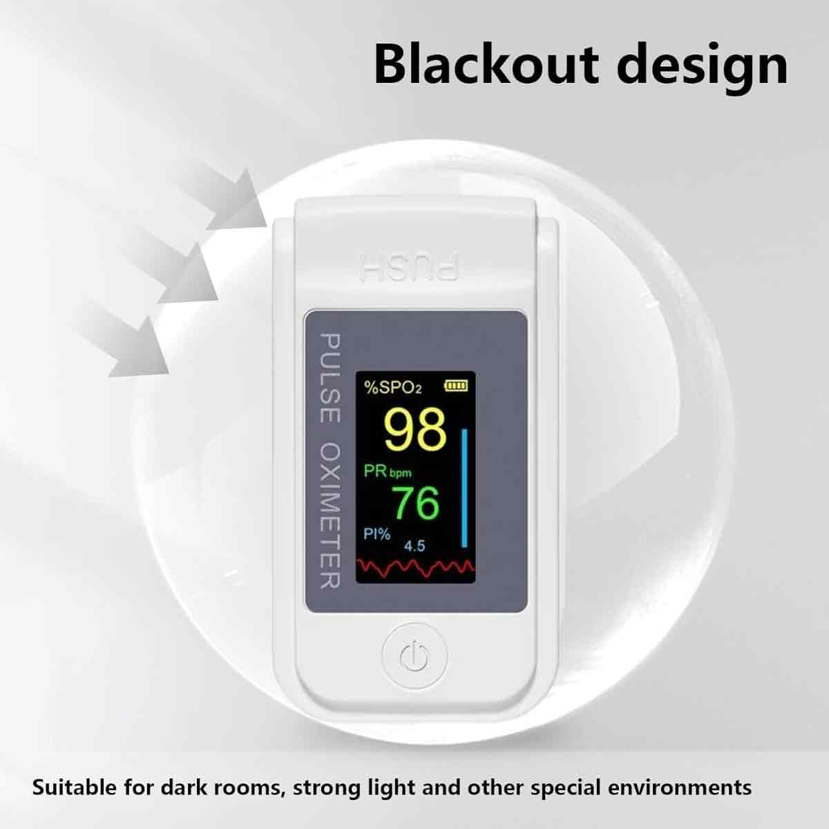 Ein Pulsoximeter zeigt Messwerte an: SPO2 98 %, PR 76 bpm, PI 4,5 %. Es hat ein Blackout-Design, geeignet für dunkle oder helle Umgebungen.