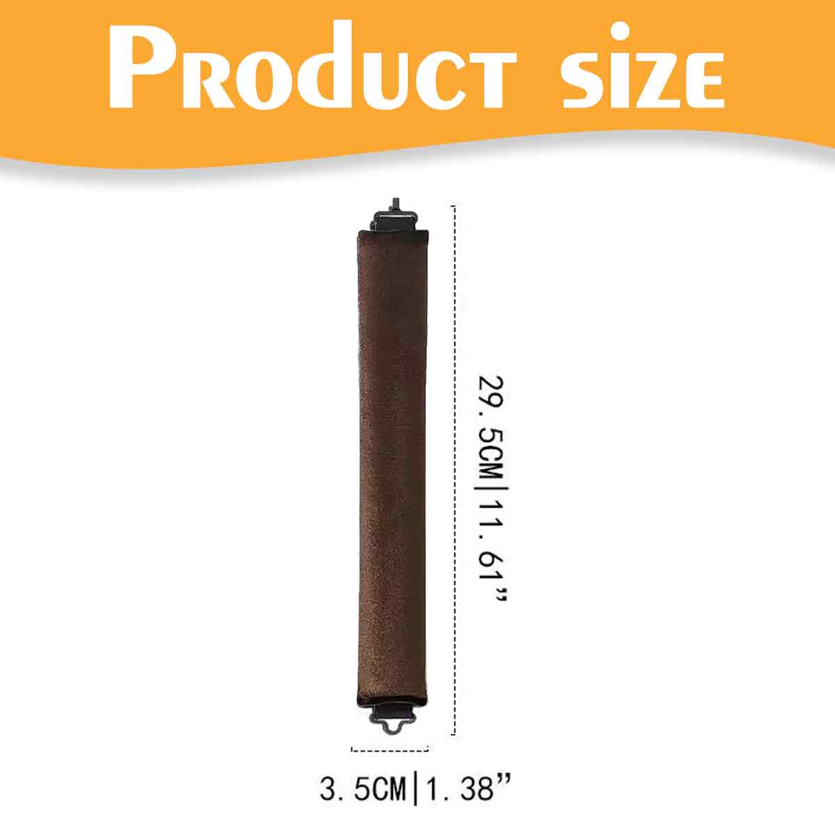 Ein braunes zylindrisches Objekt mit schwarzen Enden, beschriftet mit den Maßen: 29,5 cm/11,61" und 3,5 cm/1,38", auf weißem Hintergrund.