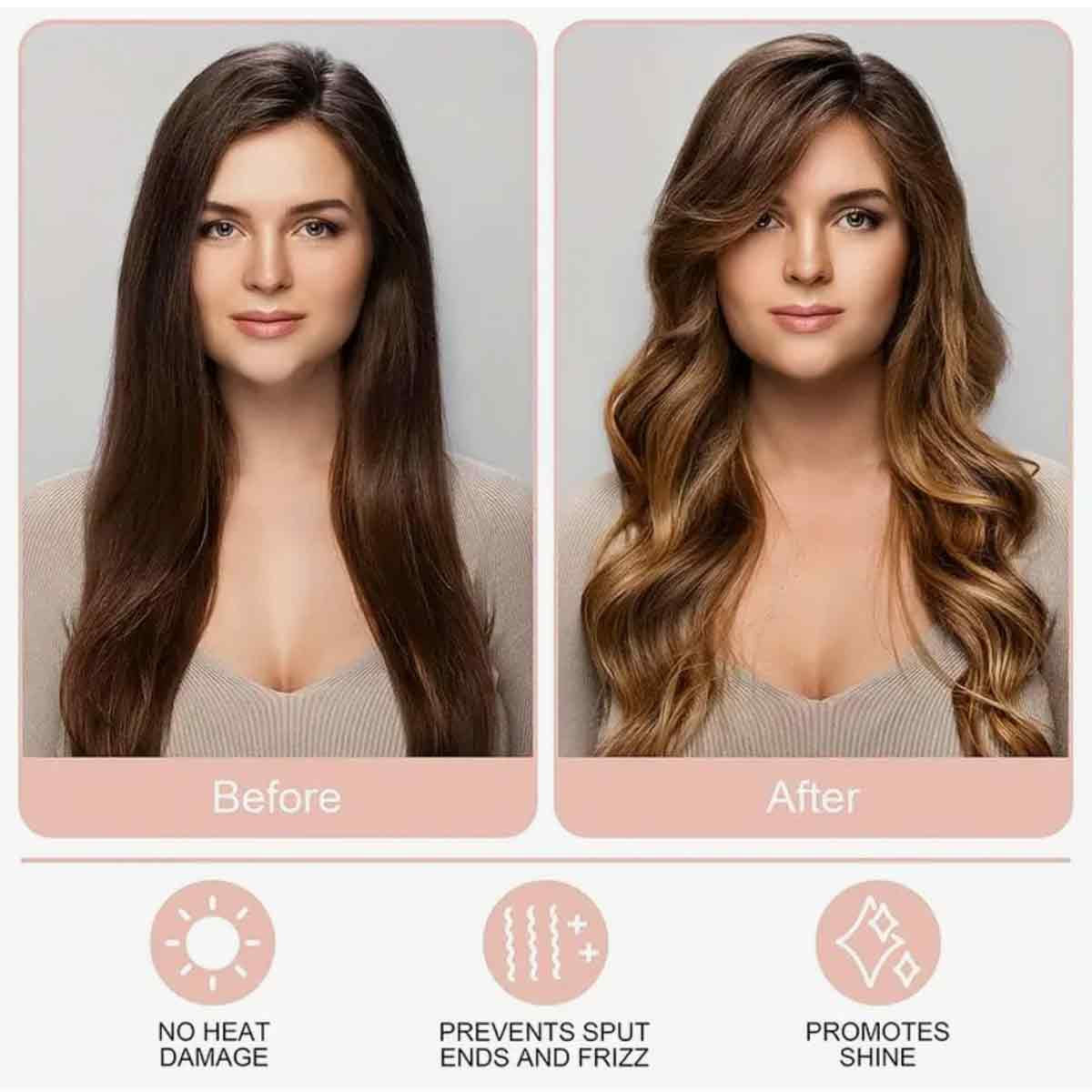 Vorher-Nachher-Vergleich des Haarstylings. Frau mit glattem braunem Haar (vorher) und gewelltem, hellerem Haar (nachher). Textdetails.