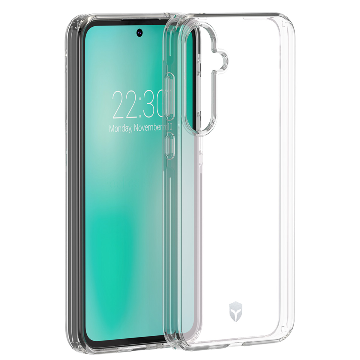 Una custodia trasparente per telefono accanto a uno smartphone che mostra l'ora e la data. La custodia è trasparente.