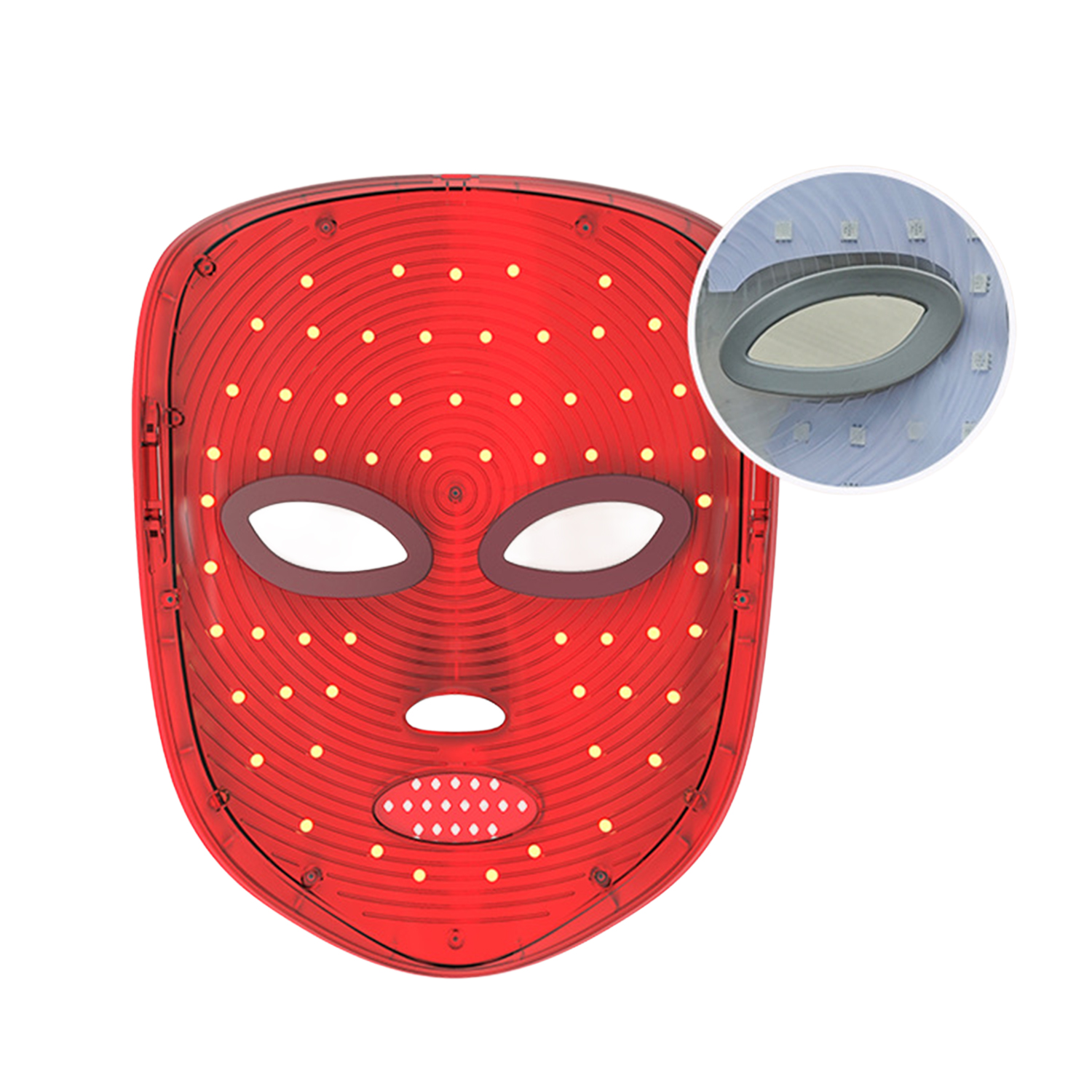 Eine rote LED-Lichttherapiemaske mit Augen-, Nasen- und Mundaussparungen und eine vergrößerte Ansicht der inneren Strukturen.