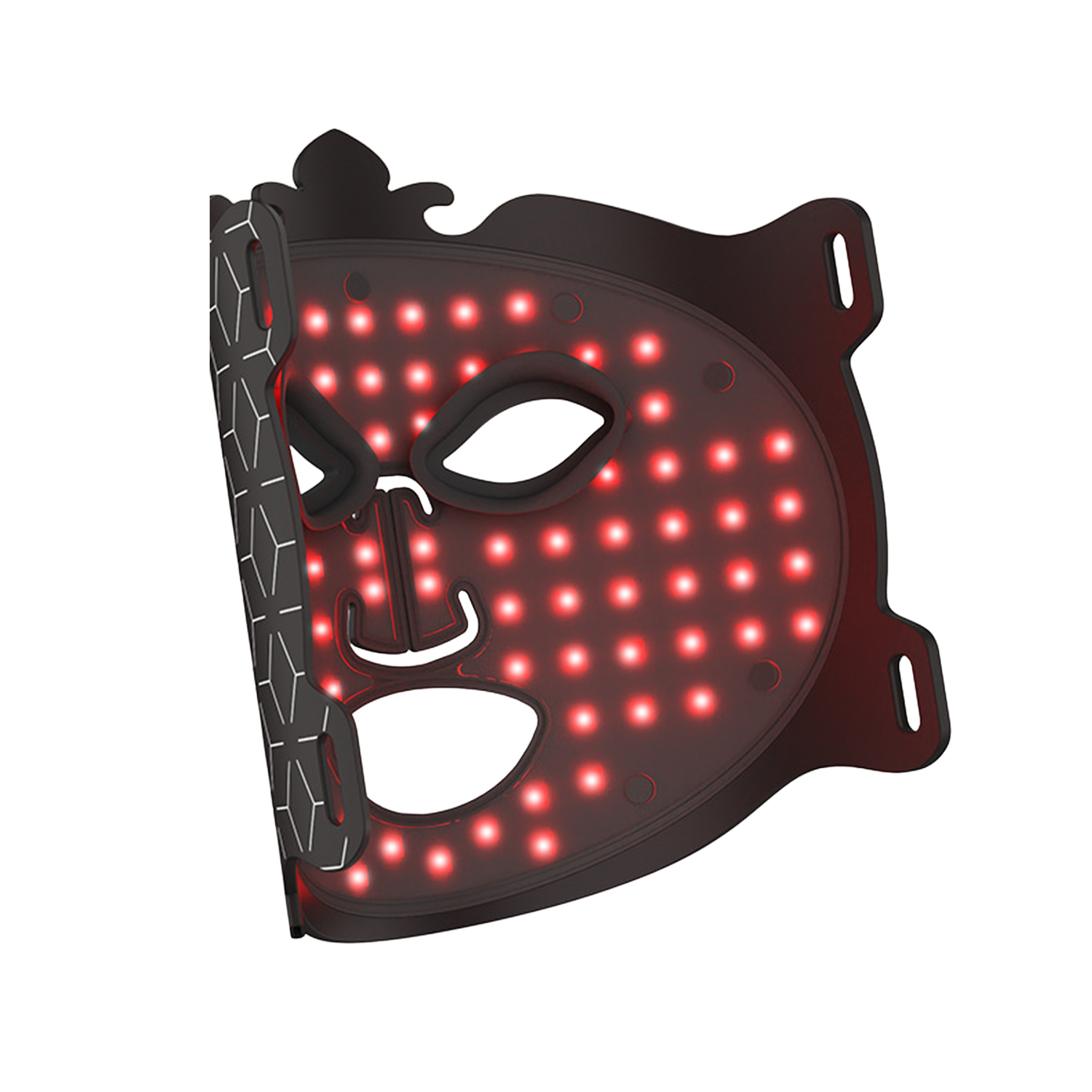 Eine schwarze LED-Lichttherapie-Gesichtsmaske mit roten Lichtern. Sie hat Augen-, Nasen- und Mundöffnungen und ein dekoratives Oberteil.