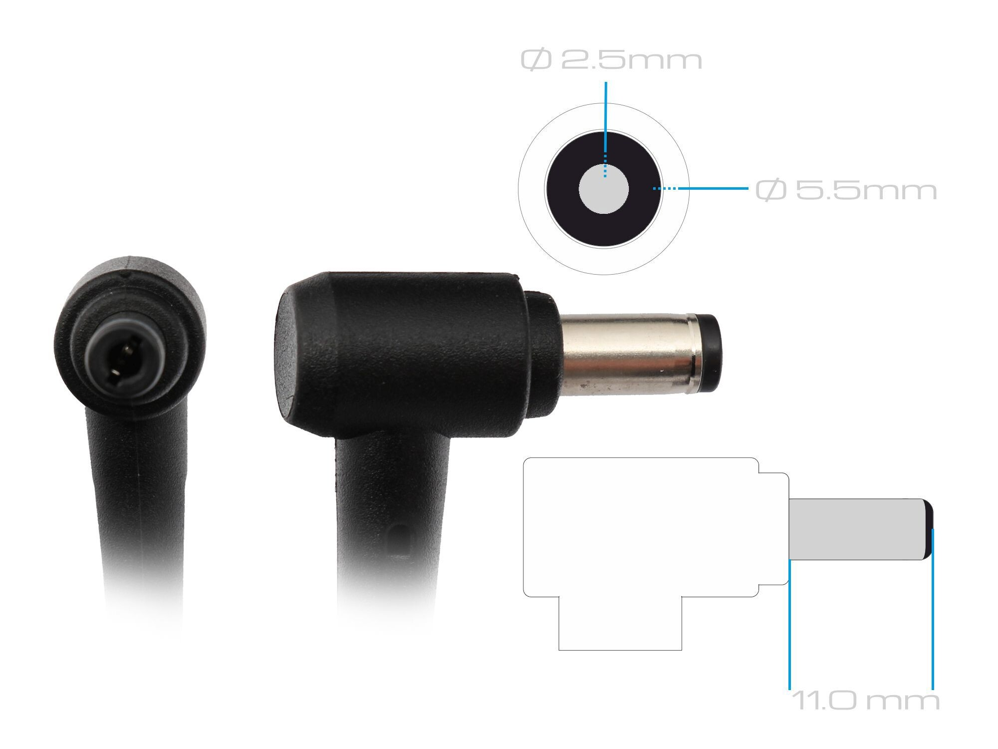Schwarzes Netzteil mit 2,5 mm und 5,5 mm Durchmesser. Abmessungen sind beschriftet, einschließlich 11,0 mm. Isoliert auf weißem Hintergrund.