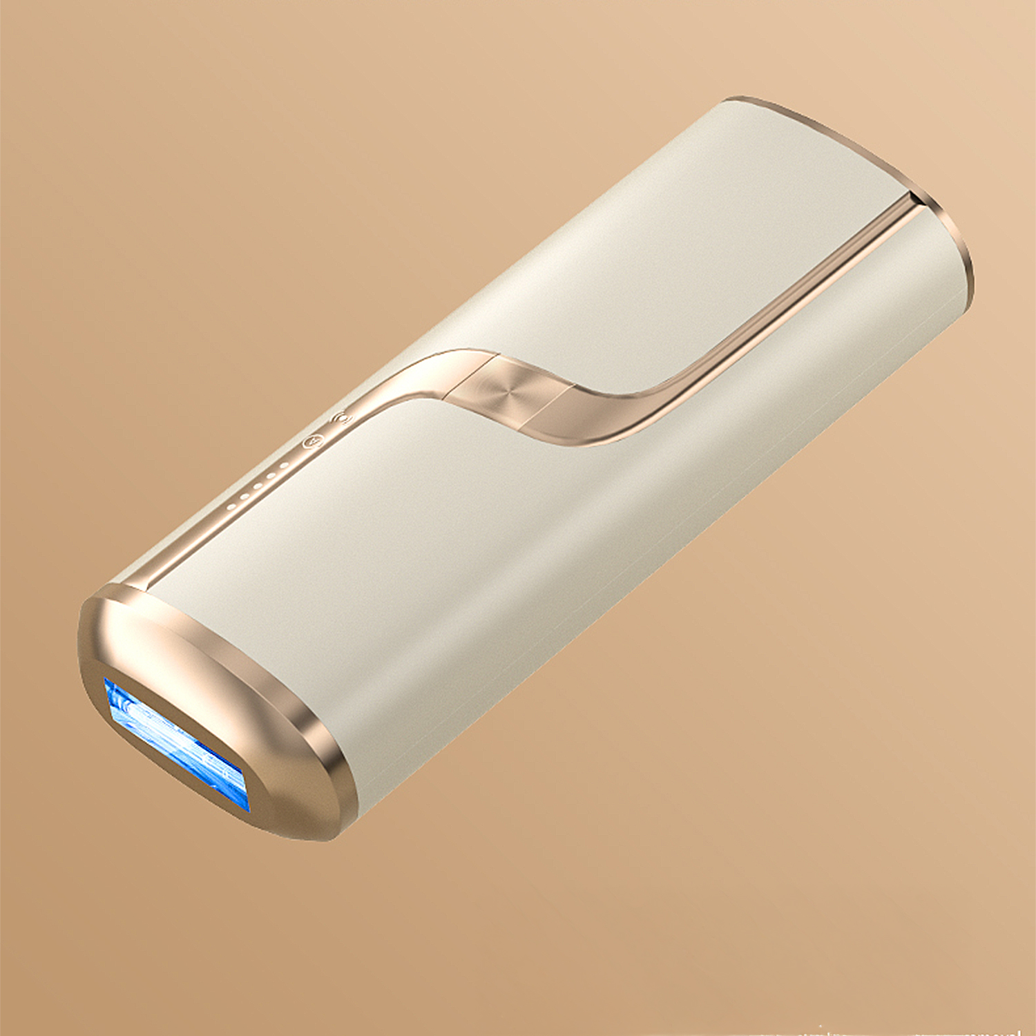 Cremefarbenes und goldenes Gerät mit blauem Licht auf tanfarbenem Hintergrund. Es hat ein gebogenes Design und ein paar Knöpfe.