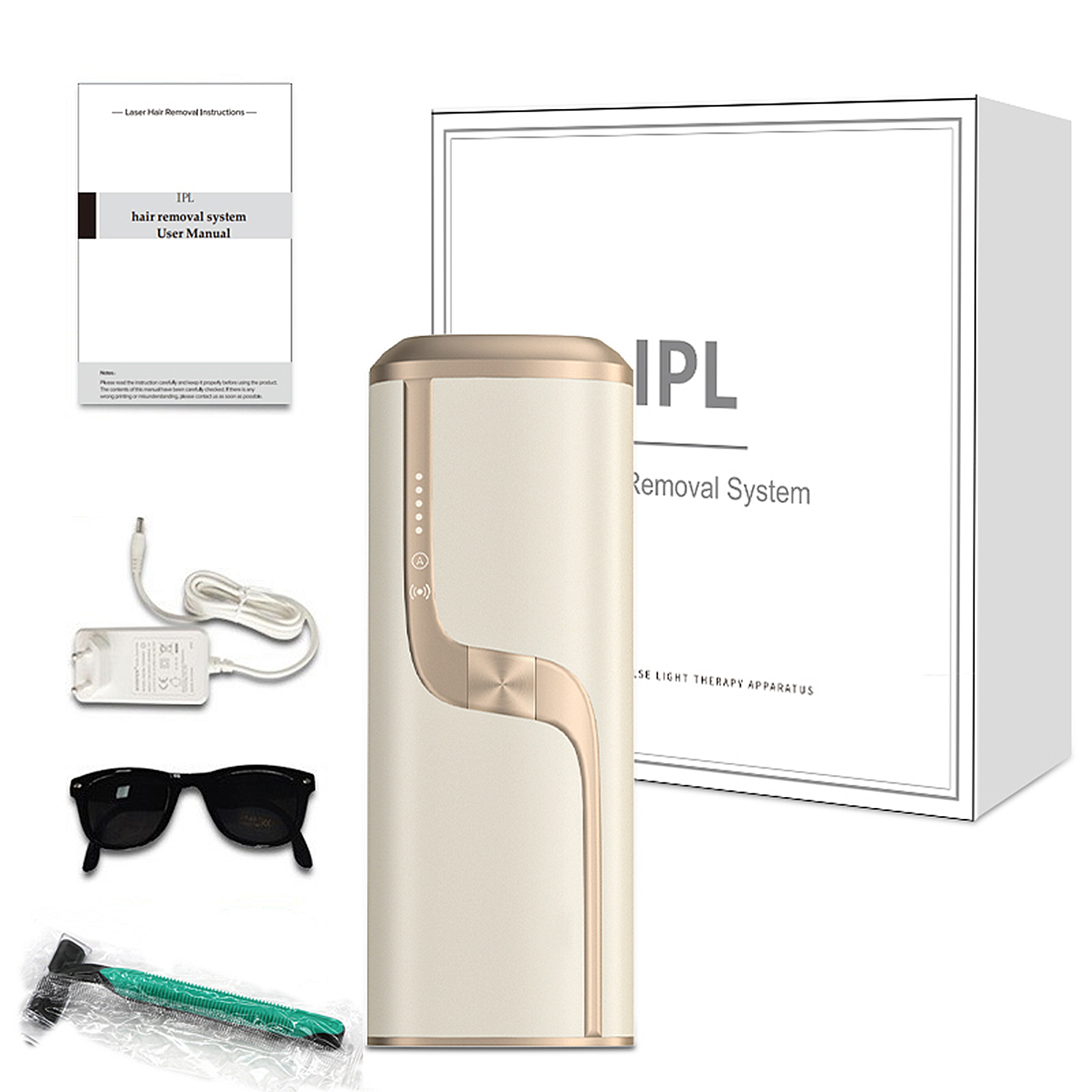 IPL-Haarentfernungssystem-Kit. Enthält Gerät, Benutzerhandbuch, Ladegerät, Brille und Rasierer. Gerät ist beige und gold.