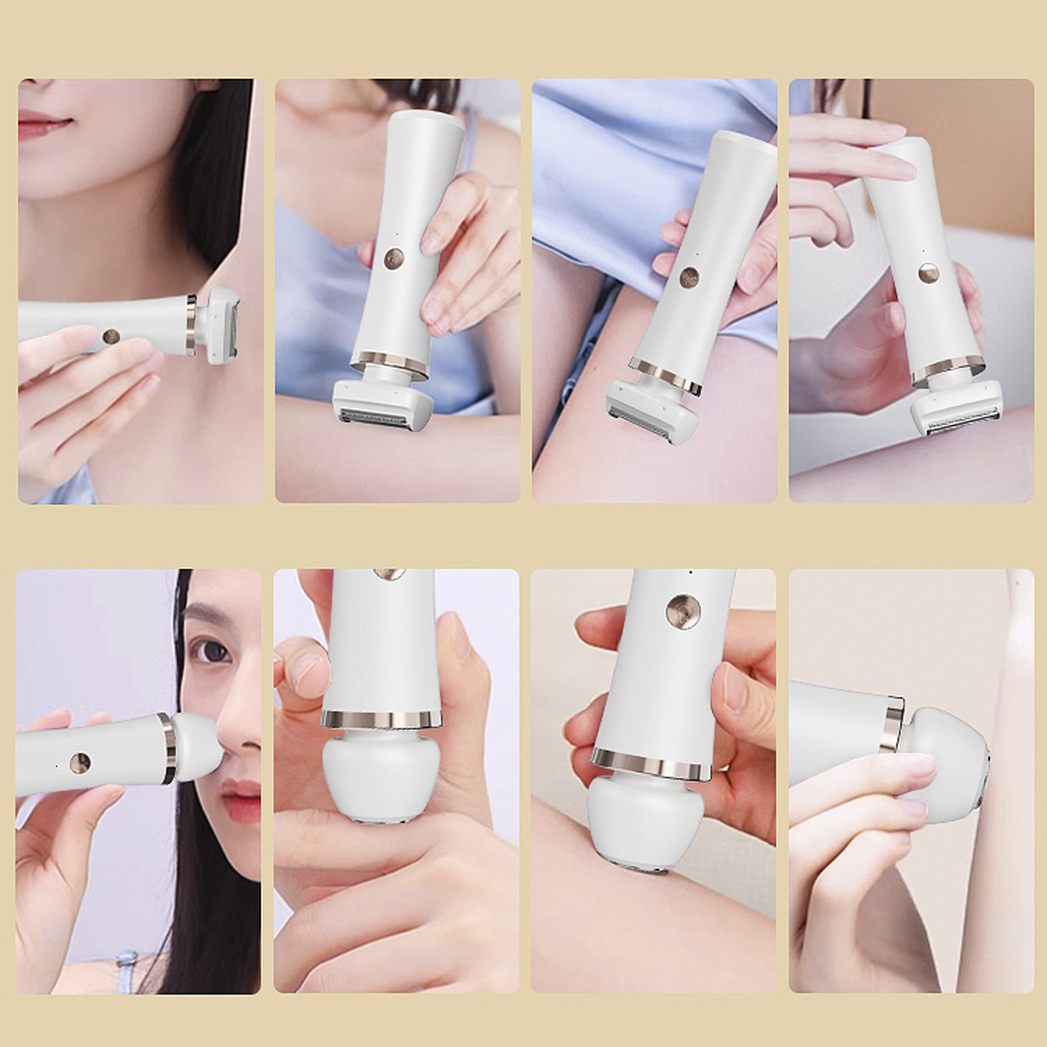 Se muestra una afeitadora eléctrica blanca que se utiliza en diferentes partes del cuerpo. Las manos sostienen la afeitadora en varias posiciones.