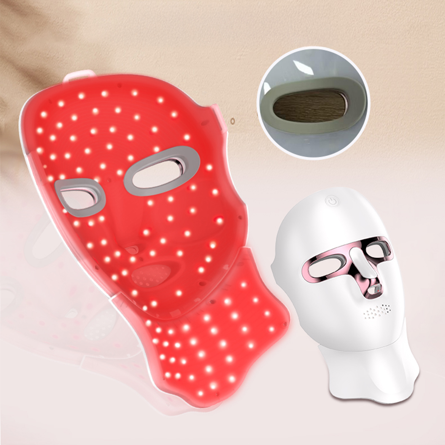 Maschera per il viso a LED rossa e una bianca. La maschera rossa ha luci. Primo piano mostra un buco con legno.