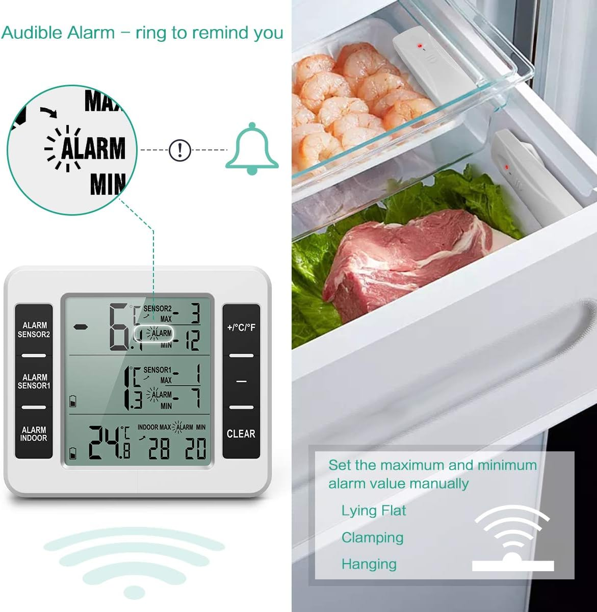 Ein digitales Thermometer zeigt Temperaturen an, mit einer Kühlschublade mit Garnelen und Fleisch. Ein Alarmglockensymbol ist ebenfalls vorhanden.