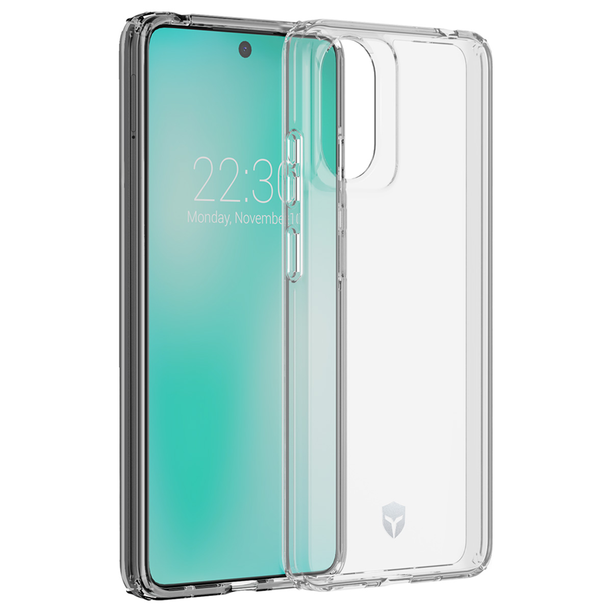 Una custodia trasparente per telefono accanto a uno smartphone con l'ora 22:30 visualizzata. Il telefono è in una custodia trasparente.