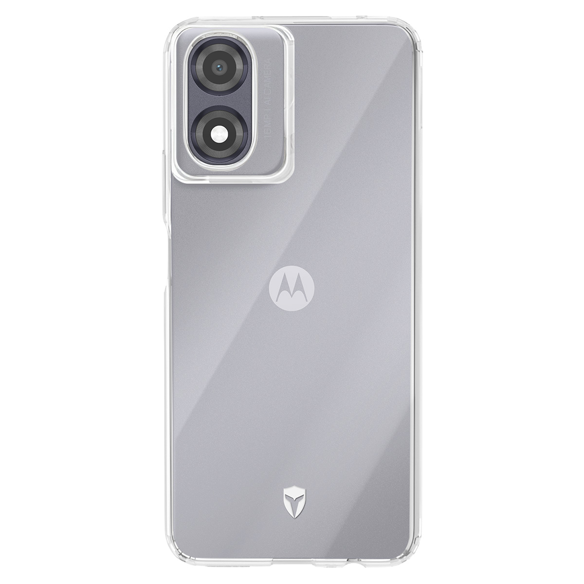 Una custodia trasparente con un telefono Motorola all'interno. Il telefono ha due fotocamere e un logo Motorola. La custodia ha un logo in basso.
