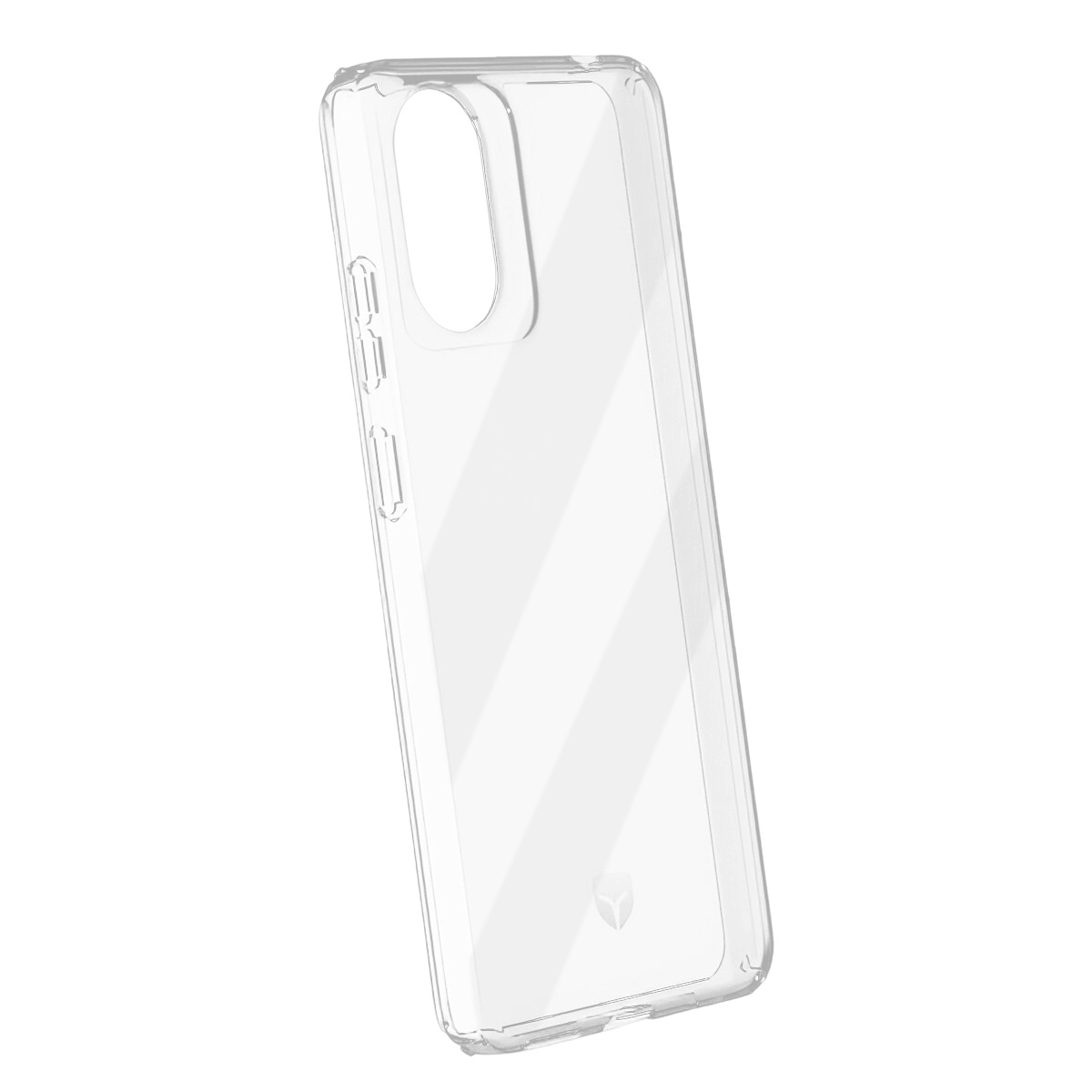 Una custodia trasparente per telefono. Ha aperture per i pulsanti e la fotocamera. La custodia è angolata verso l'alto a destra.