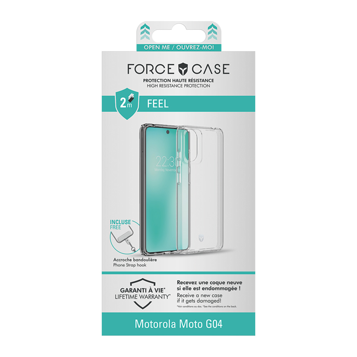 Una confezione di custodia per telefono con un telefono all'interno. La confezione include testo come 'FORCE CASE' e 'Motorola Moto G04'.