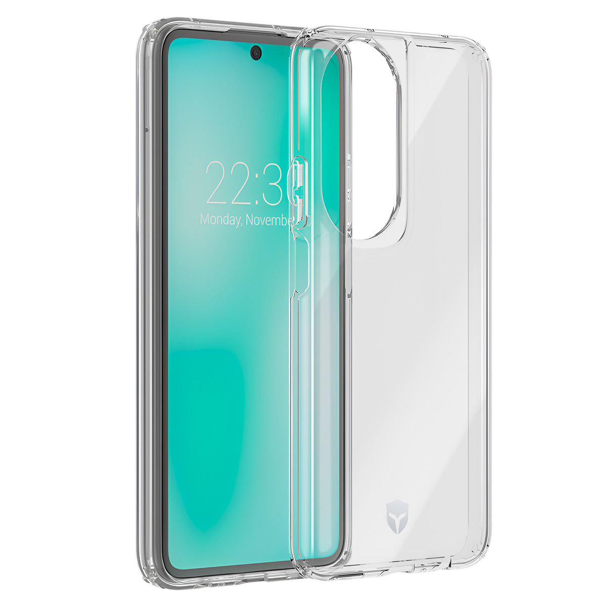 Una custodia trasparente per telefono con uno smartphone all'interno. Il telefono mostra l'ora 22:30. La custodia è trasparente e copre il telefono.