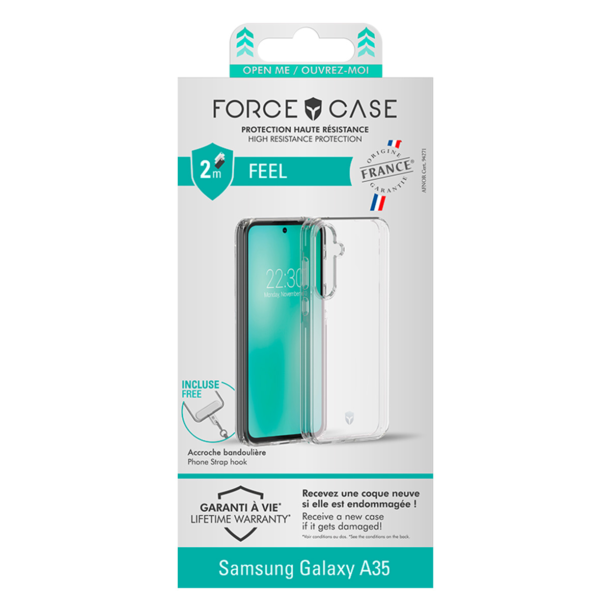 Una confezione di custodia per telefono con una custodia trasparente che mostra lo schermo di un telefono. Il testo include 'FORCE CASE' e 'Samsung Galaxy A35'.