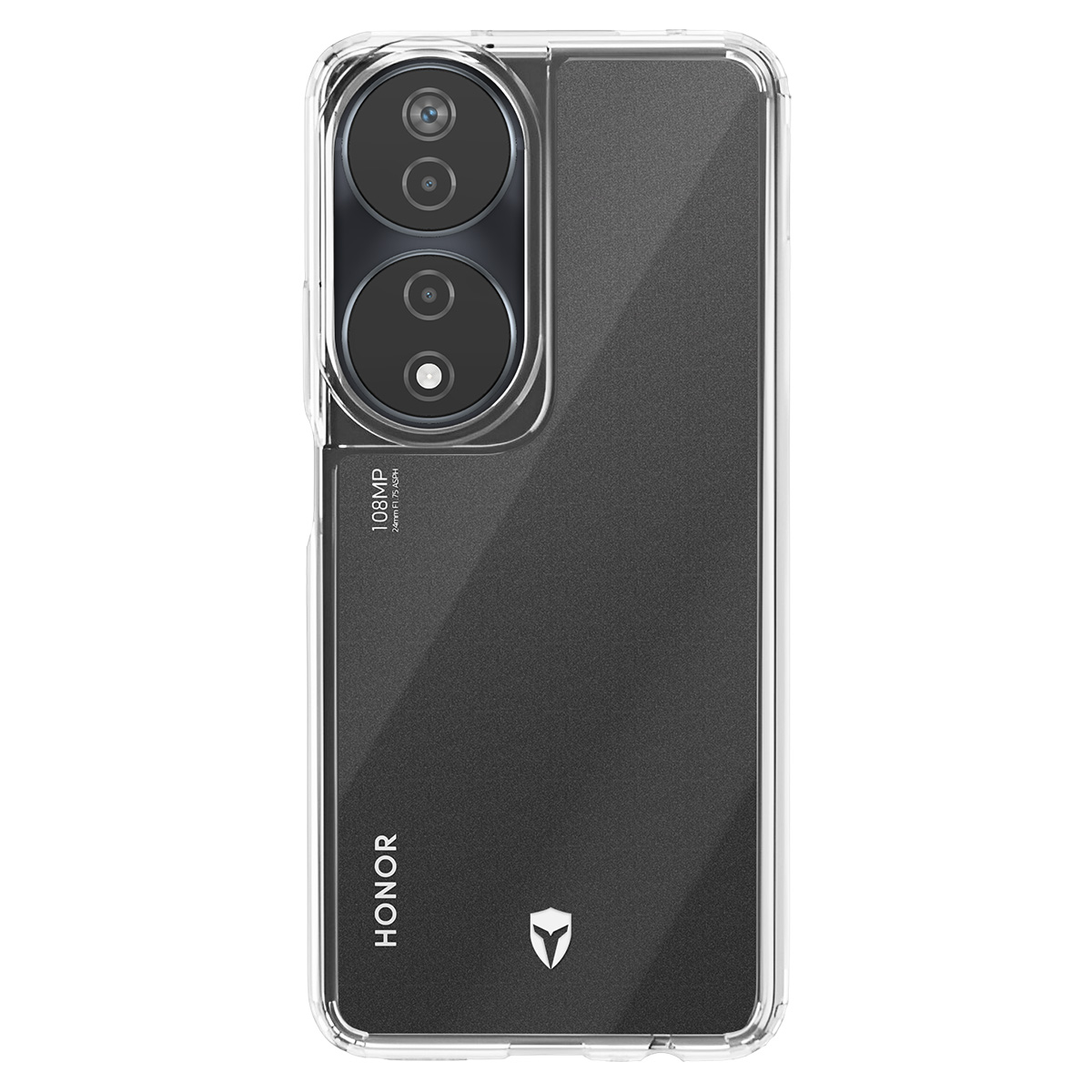 Custodia trasparente su telefono nero, con lenti della fotocamera e logo HONOR. La custodia protegge il telefono.