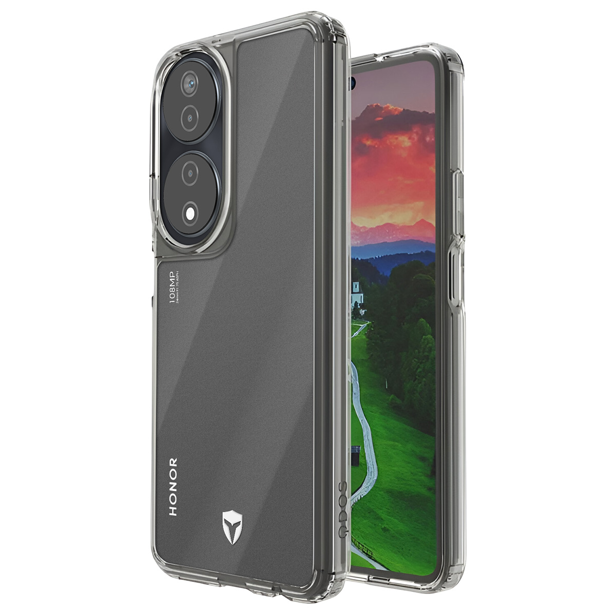 Una custodia trasparente protegge uno smartphone. Il telefono ha una fotocamera e lo schermo mostra un paesaggio.