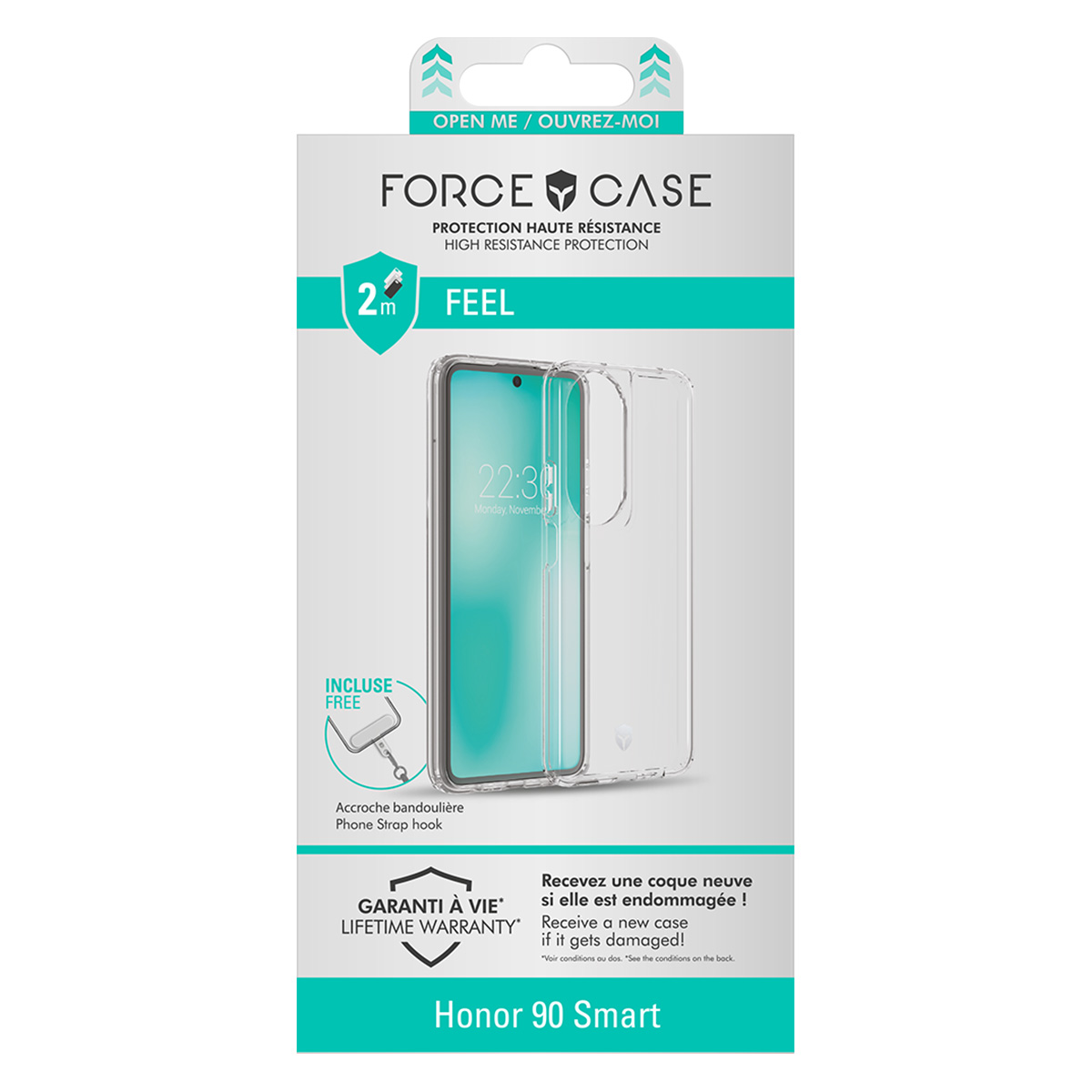Una confezione di custodia per telefono con un telefono all'interno. Il testo include "FORCE CASE", "LIFETIME WARRANTY" e "Honor 90 Smart".