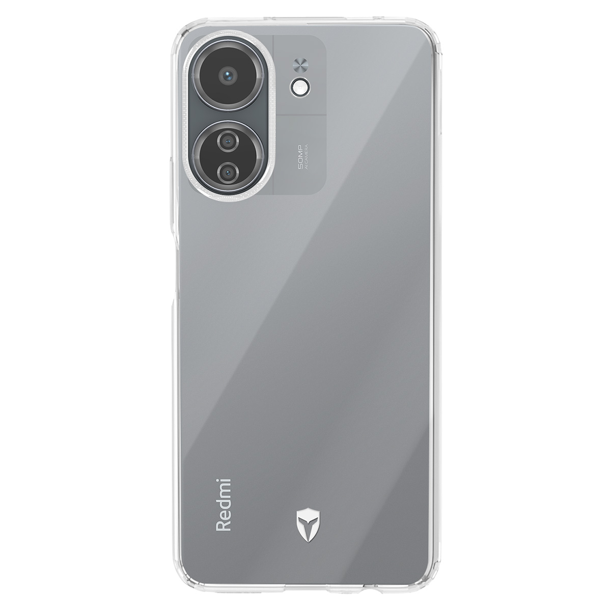 Una custodia trasparente per telefono che protegge un telefono Redmi. La custodia ha ritagli per la fotocamera e un logo in basso. Il telefono è visibile.