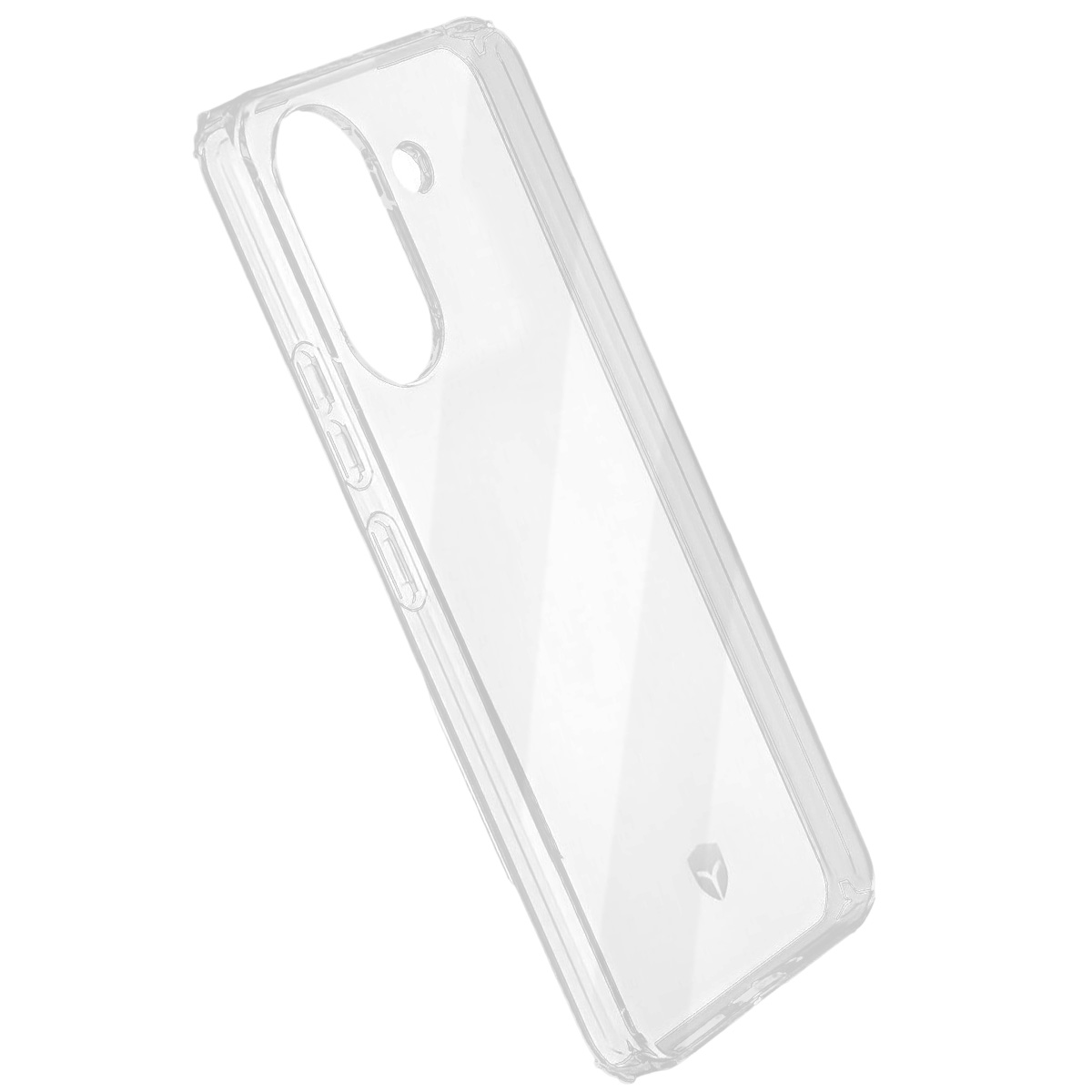 Una custodia trasparente per telefono in plastica. Ha ritagli per la fotocamera e i pulsanti. La custodia è angolata su una superficie bianca.