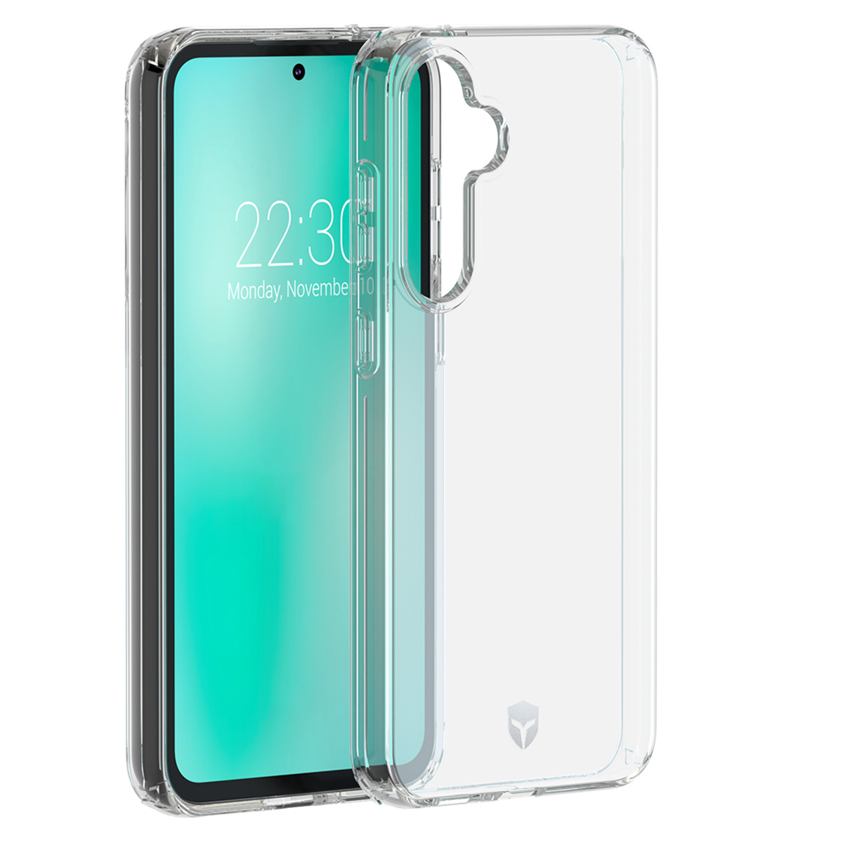 Una custodia trasparente per telefono accanto a uno smartphone con ora e data. La custodia è trasparente e protettiva.