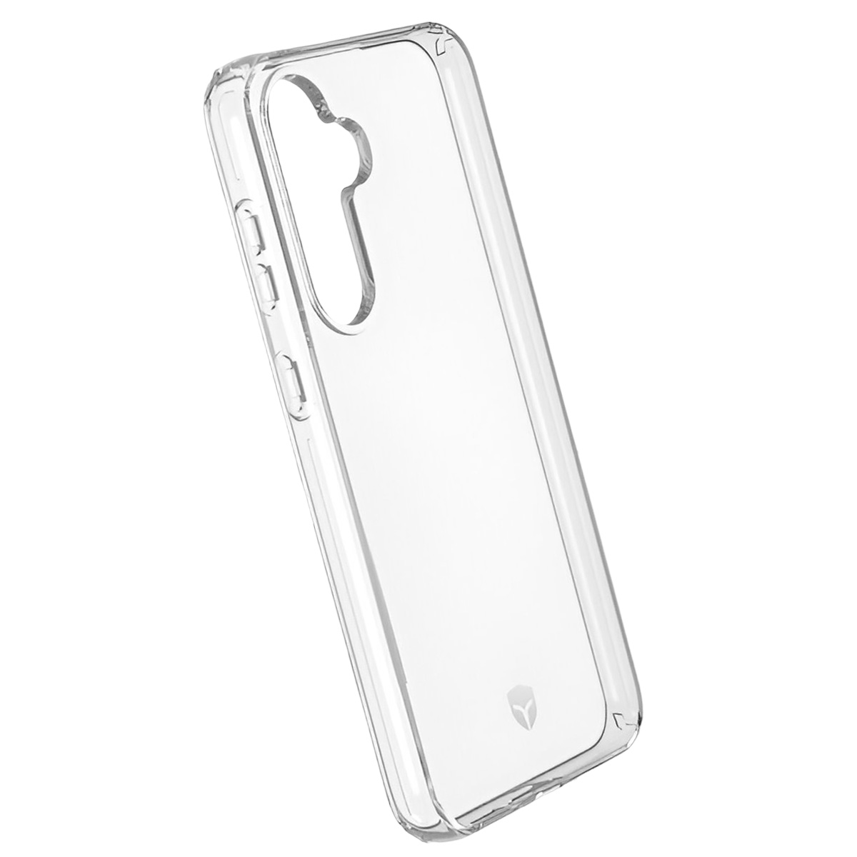 Una custodia trasparente per telefono, angolata diagonalmente. Ha ritagli per i pulsanti e la fotocamera. La custodia è trasparente e si trova su sfondo bianco.
