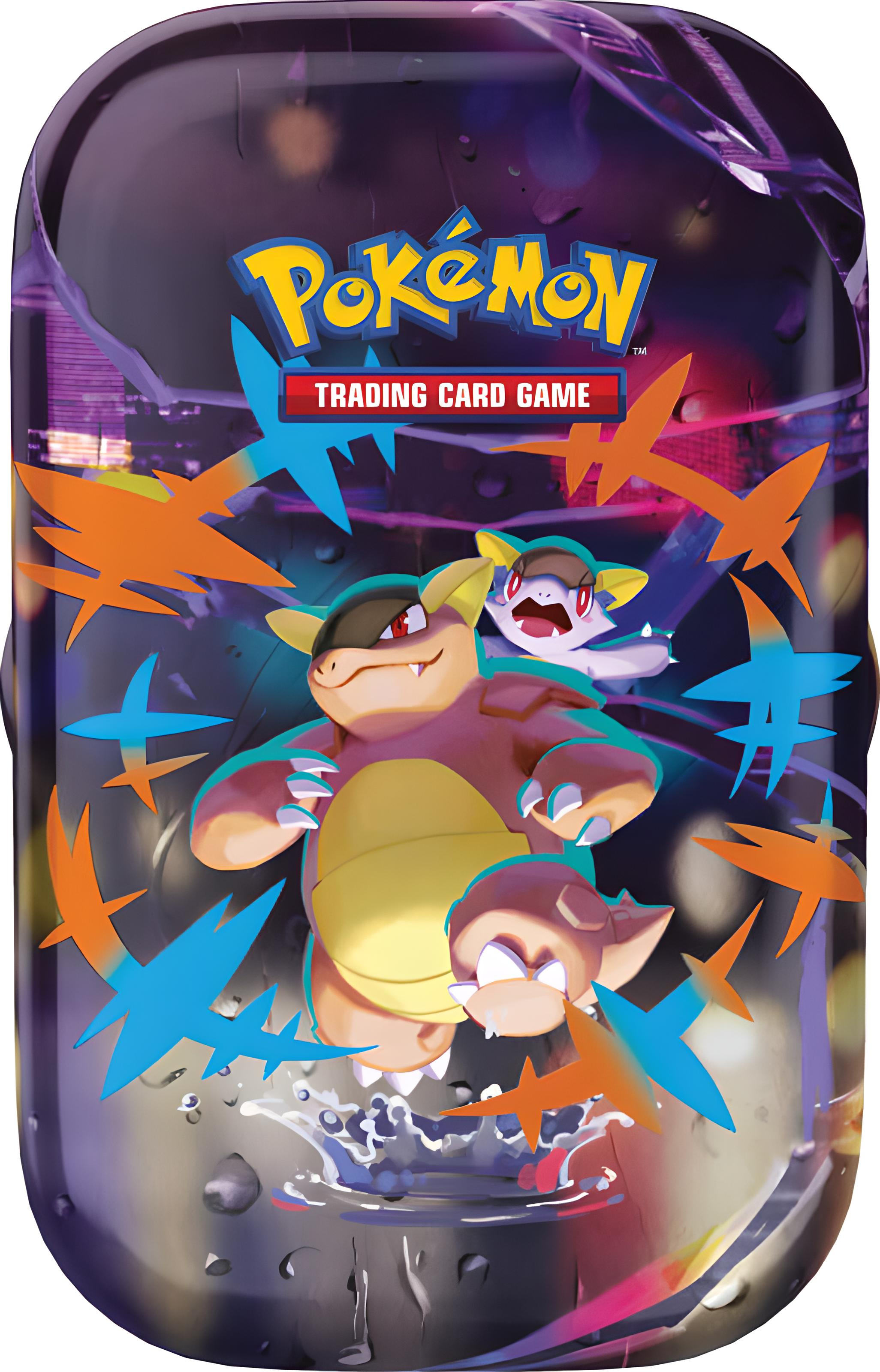Pokémon-Dose mit Cartoon-Pokémon-Charakteren mit blauen, orangefarbenen und weißen Akzenten und dem Logo in Gelb.