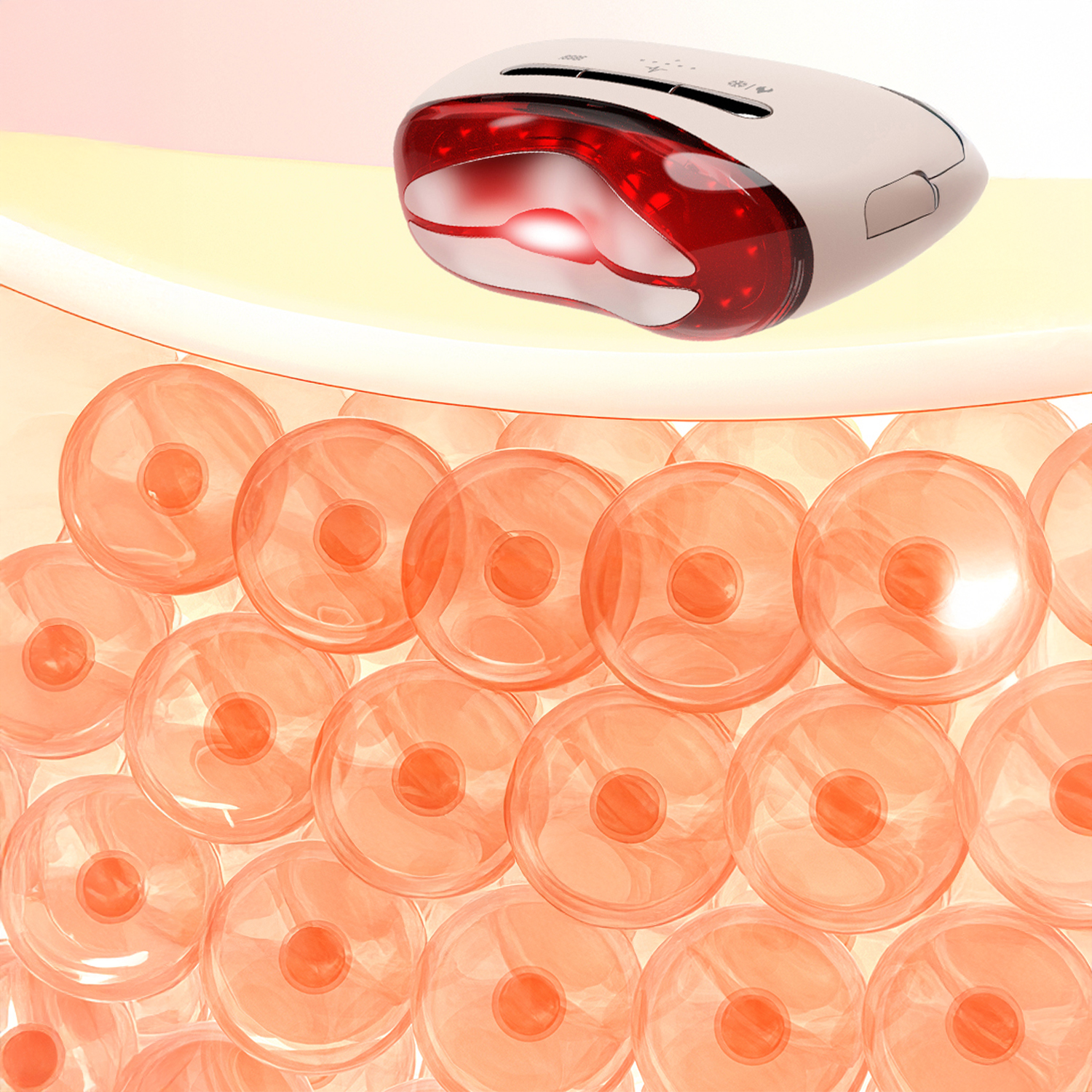 Un dispositivo bianco e rosso è sopra forme circolari arancioni. Lo sfondo è una sfumatura di giallo e rosa.