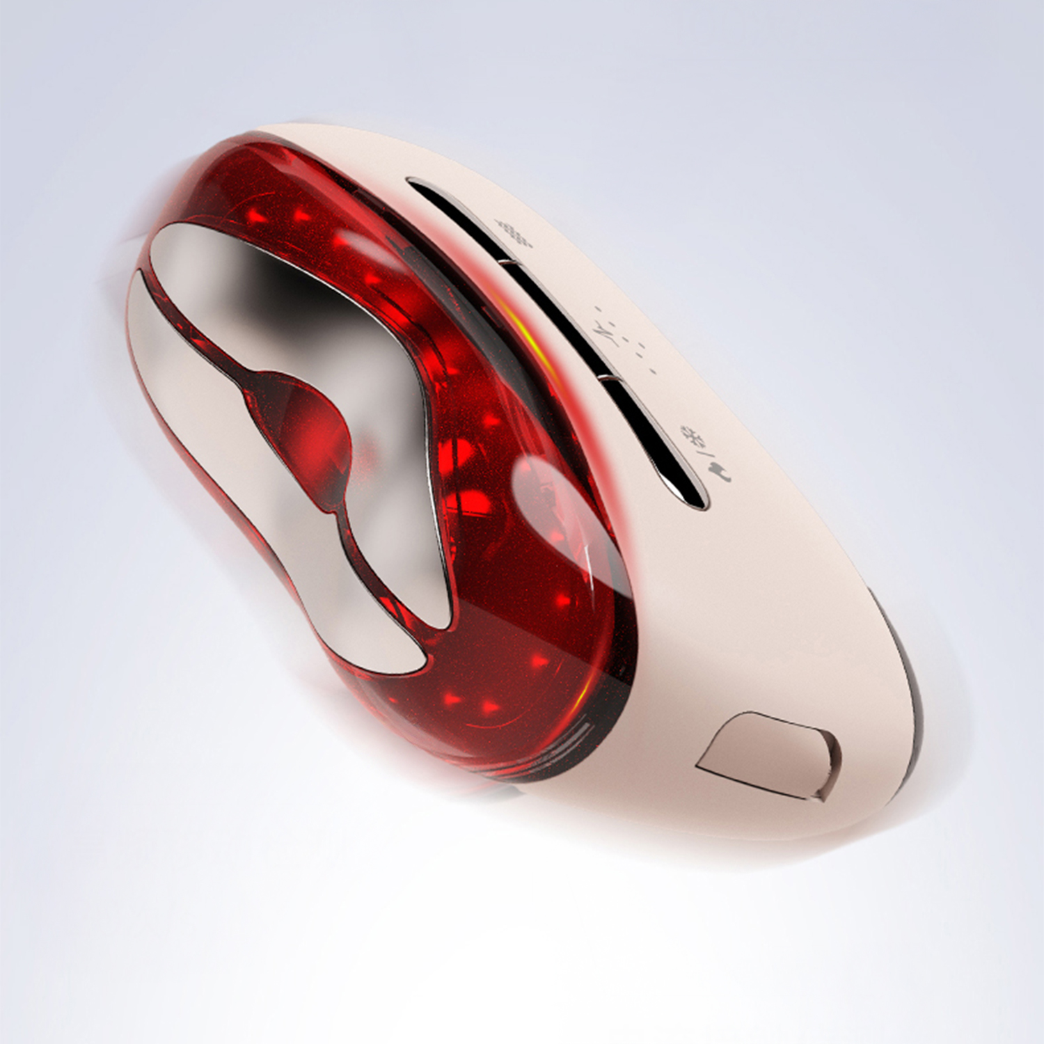 Un dispositivo futuristico con una sezione rossa trasparente e un corpo color crema. Ha un design liscio con un accento metallico.