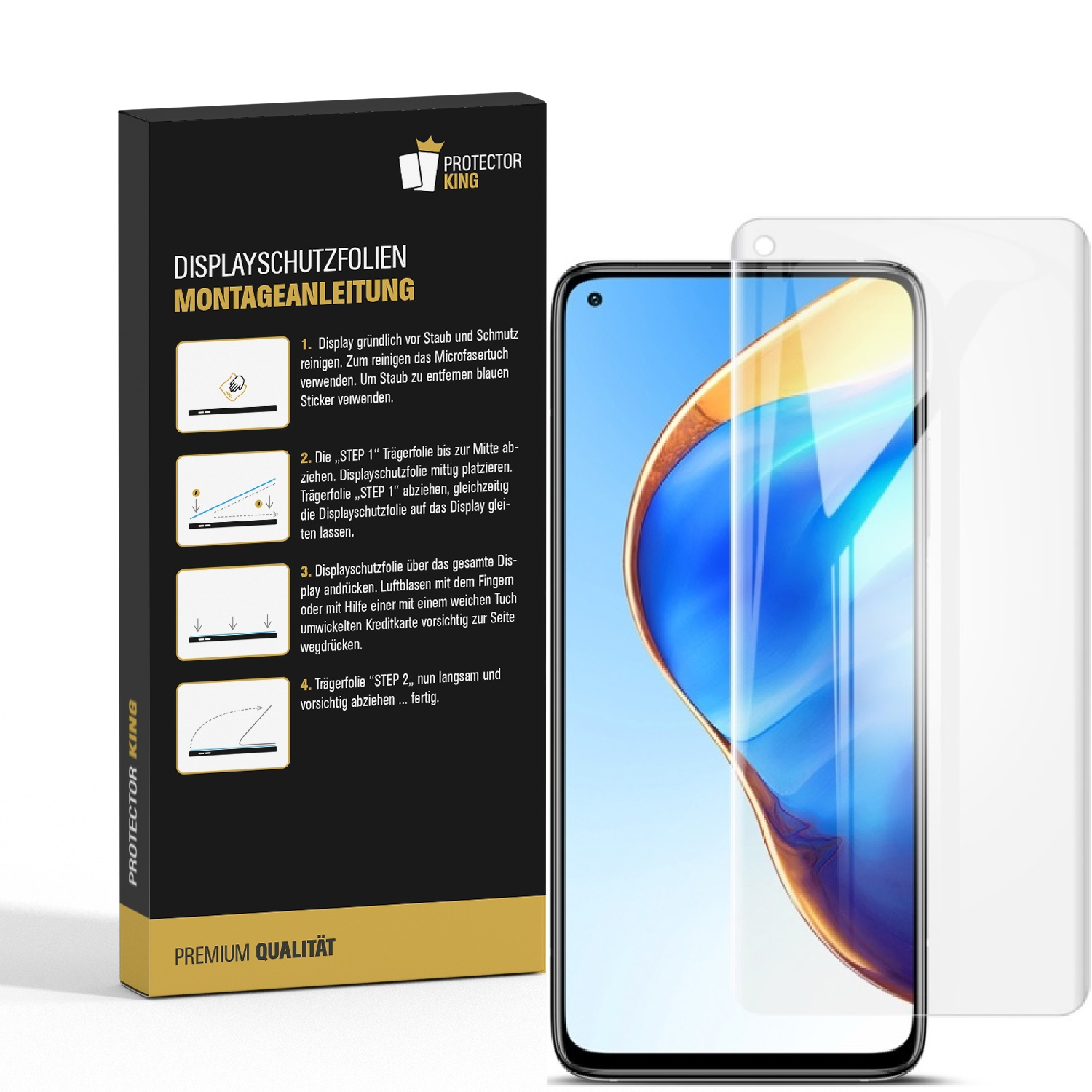 Ein Telefon mit Displayschutzfolie, Anweisungen zum Anbringen und eine Protector King-Box mit Text darauf.