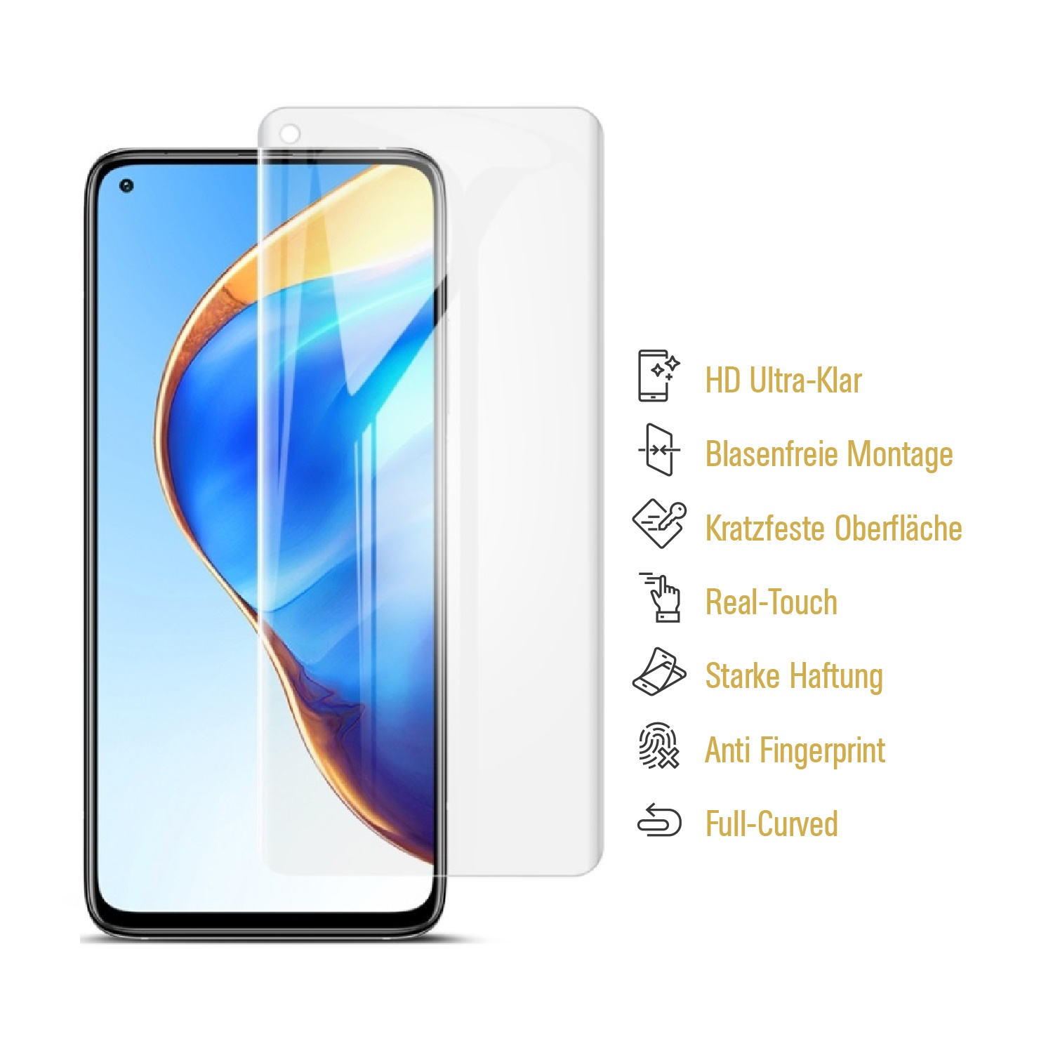 Ein Smartphone mit Displayschutzfolie daneben. Zu den Funktionen gehören HD-Klarheit, blasenfreie Montage, Kratzfestigkeit und Fingerabdruckschutz.