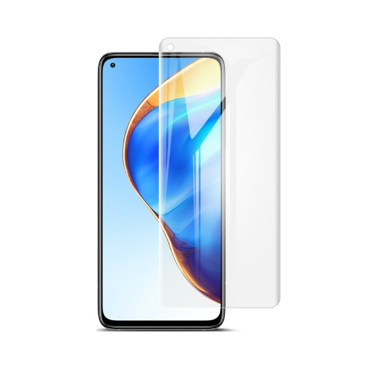 Ein Smartphone mit Displayschutzfolie. Das Telefon zeigt einen blau-goldenen Hintergrund. Der Schutz ist klar und bedeckt das Telefon teilweise.