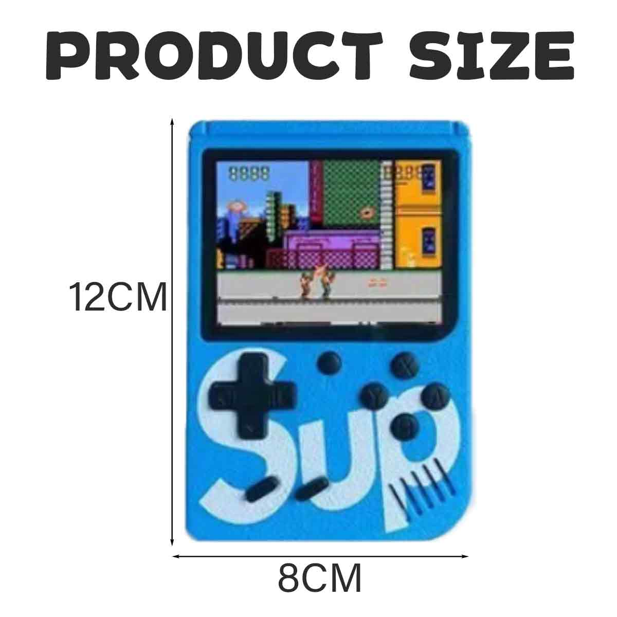 Blaue Handheld-Spielkonsole. Produktgröße: 12 cm x 8 cm. Der Spielbildschirm zeigt ein pixeliges Actionspiel.