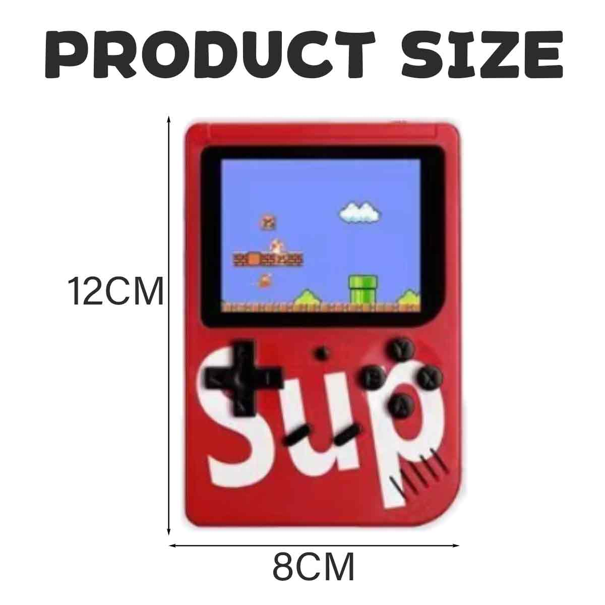 Eine rote SUP-Handheld-Spielekonsole mit einem Mario-Spiel auf dem Bildschirm. Die Abmessungen sind 12 cm x 8 cm. Produktgröße steht oben.